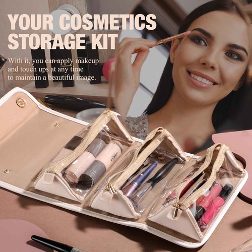 BS-MALL Travel Makeup Bag PU Leather Large Size Elegant Cosmetic Case in Premium PU Leather with 4 Small Bag for Easy Makeup Organization & Travel White