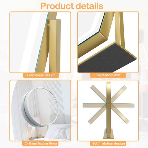 Lighted Makeup Mirror, Hollywood Vanity Mirror with Lights, Three Color Lighting Modes, and Detachable 10X Magnification Mirror, Smart Touch Control, 360°Rotation (15.2in. Gold)