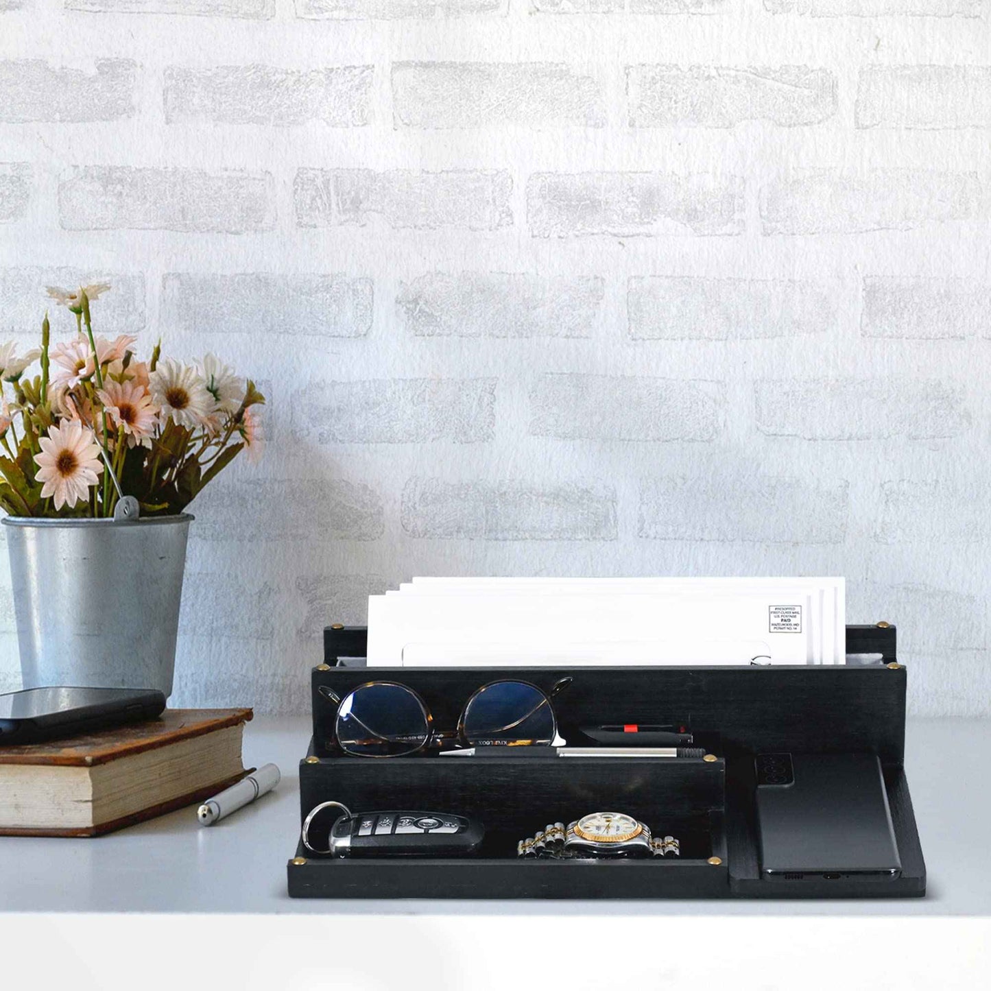 Manzano Essentials Cologne Organizer for Men, Bamboo Wood 4 Tier Display Stand with 2 Hidden Compartments, Perfume, Vanity, Dresser, EDC Organizer, Rustic Black