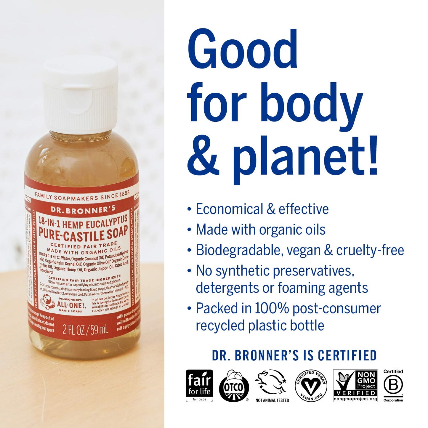 Dr. Bronner's - Pure-Castile Liquid Soap (Eucalyptus, 2 Ounce) - Made with Organic Oils, 18-in-1 Uses: Face, Body, Hair, Laundry, Pets and Dishes, Concentrated, Vegan, Non-GMO