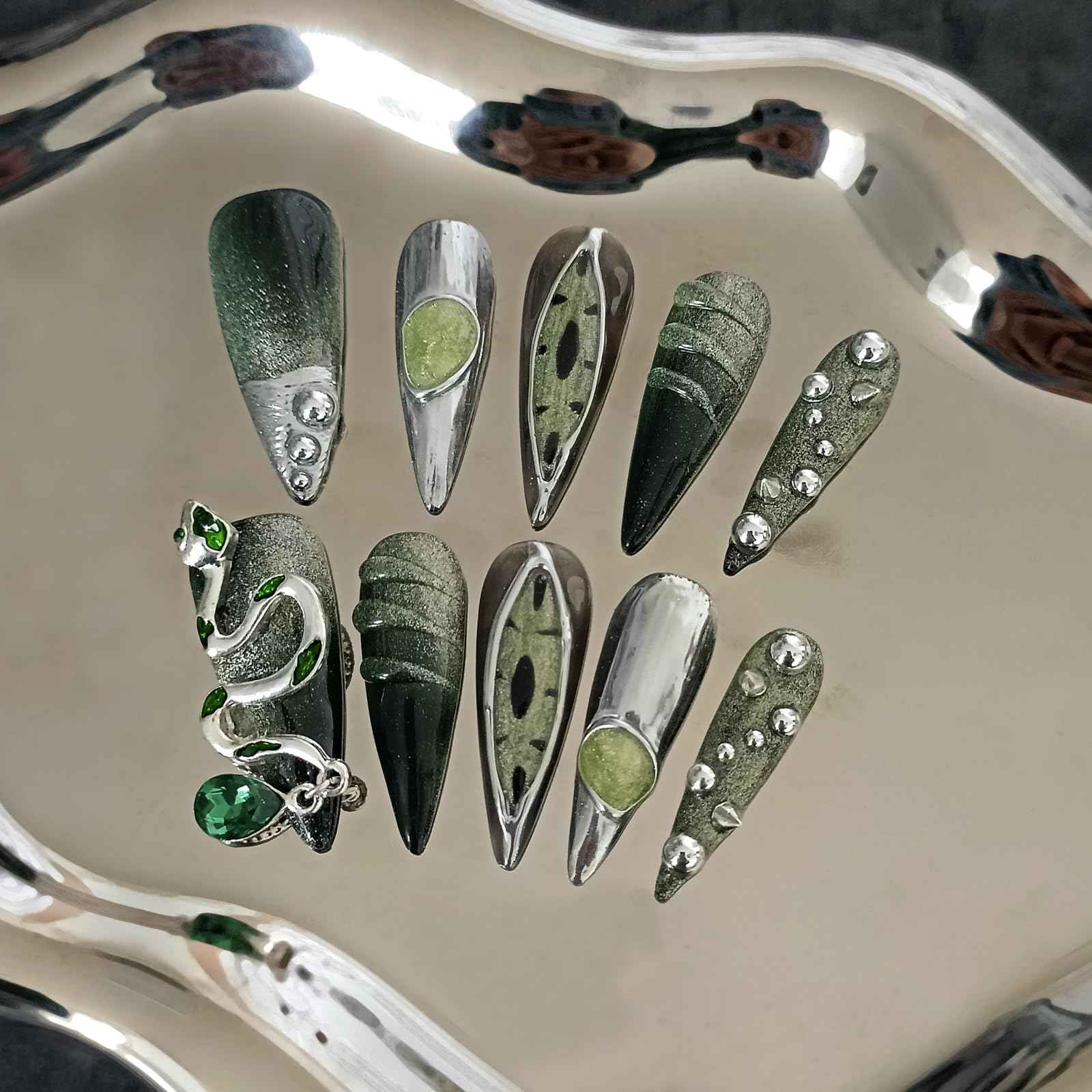TENPAL Long Stiletto Press on Nails,Gothic Punk Green Cat Eye Nails Glow & 3D Snake with Gem,Black Silver Metallic Fake Nails Kits,10pcs Soft Gel False Nails with Steel Bead for Party Gifts(S)