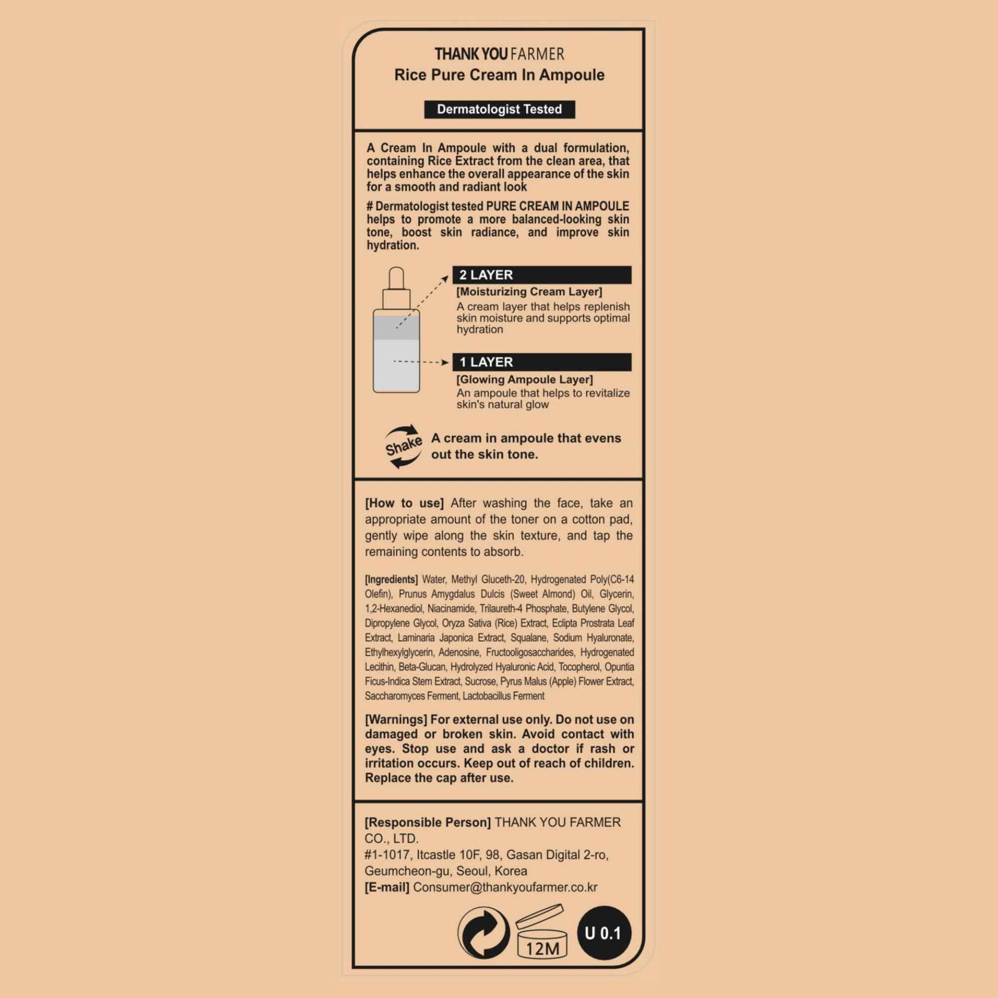 THANKYOU FARMER Rice Pure Cream In Ampoule, Double Layered Formula, Glass skin, Dermatologist Tested, Korean Rice Extracts, Niacinamide, Fragrance-Free, 1.75 fl.oz (50ml)