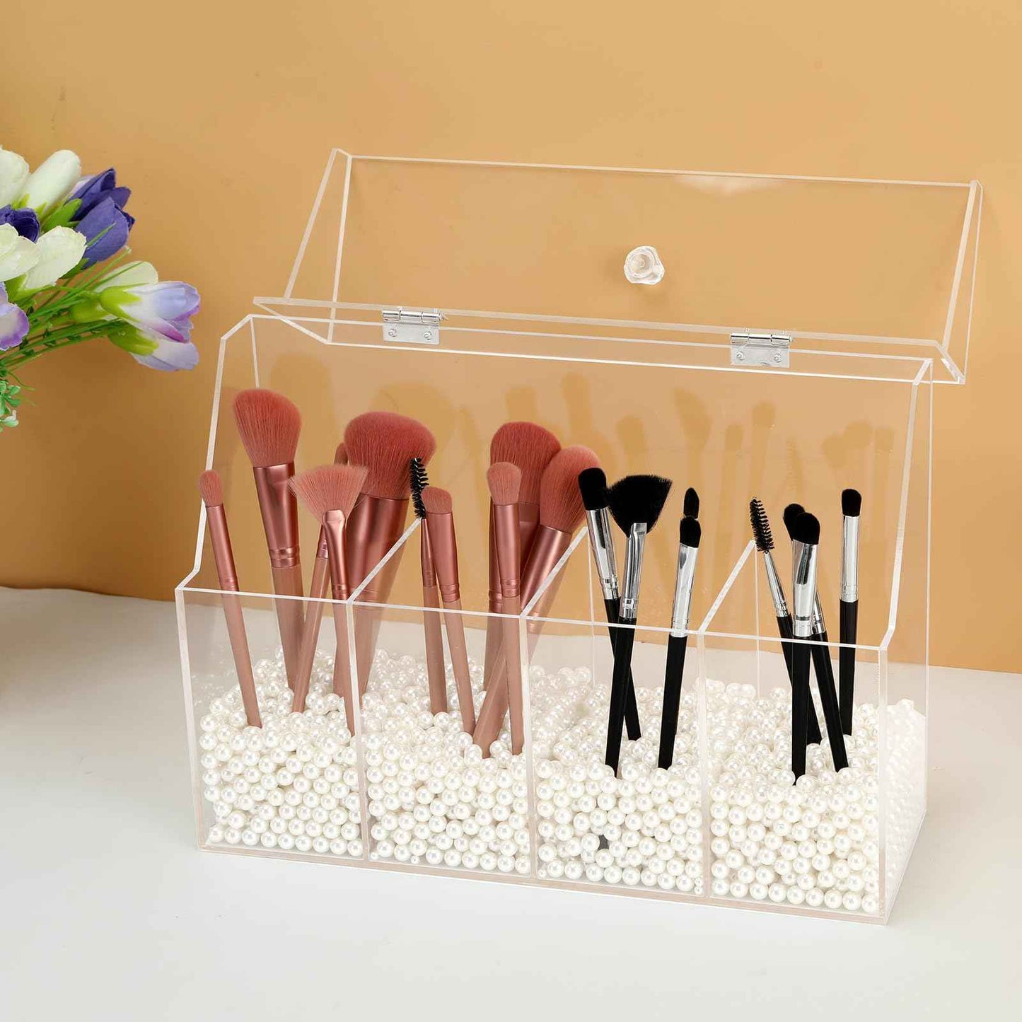 Vevitts Acrylic Makeup Organizer, Clear Cosmetic Brush Storage Box With 4 Brush Holders (Pearl not included),Makeup Brush Holder with Dust Cover, Large-capacity Split Design Organize the Desktop