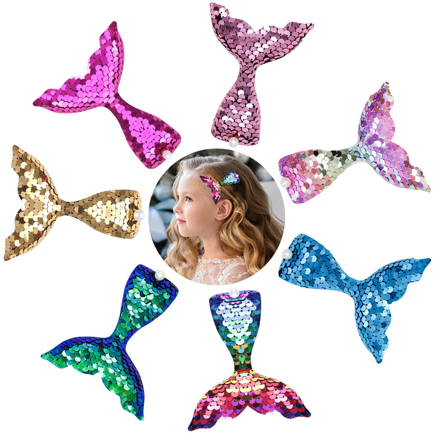 Simfree 7 PCS Mermaid Hair Clip,Sequins Hair Clips Barrettes Princess Glitter Girls Hairpin,Iridescent Elegant Bling Hair Accessories with Pearl for Girls Women Ladies-Mix Colors