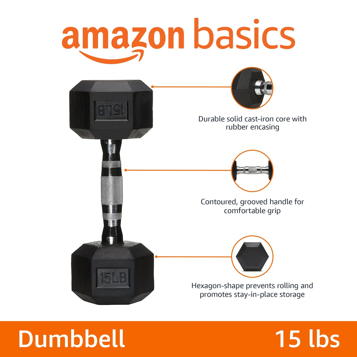 Amazon Basics Rubber Hex Dumbbell Hand Weight, 15 Pounds, Single, Black