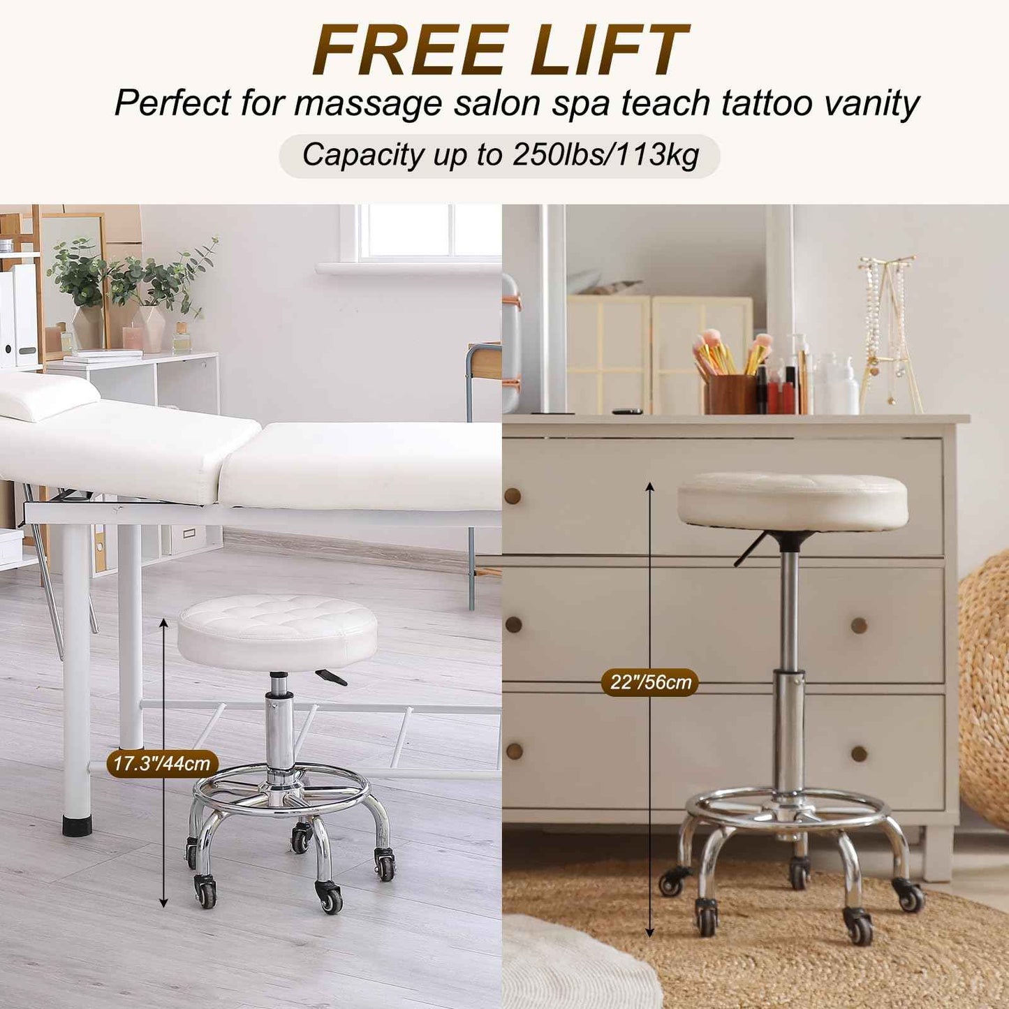 PATIKIL Adjustable Height Rolling Stool with Wheels, PU Leather Round Rolling Desk Stool for Tattoo Massage Salon Spa Salon Teach Facial Office, Black