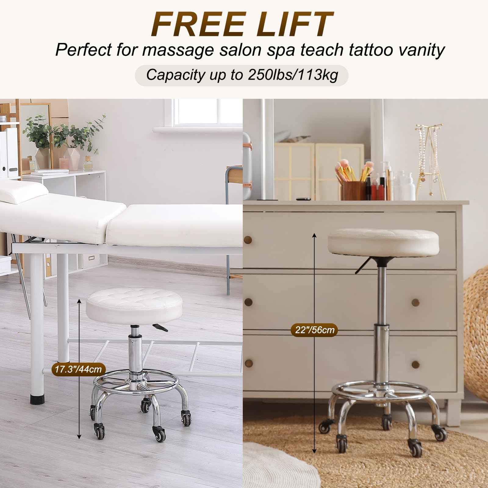 PATIKIL Adjustable Height Rolling Stool with Wheels, PU Leather Round Rolling Desk Stool for Tattoo Massage Salon Spa Salon Teach Facial Office, Black