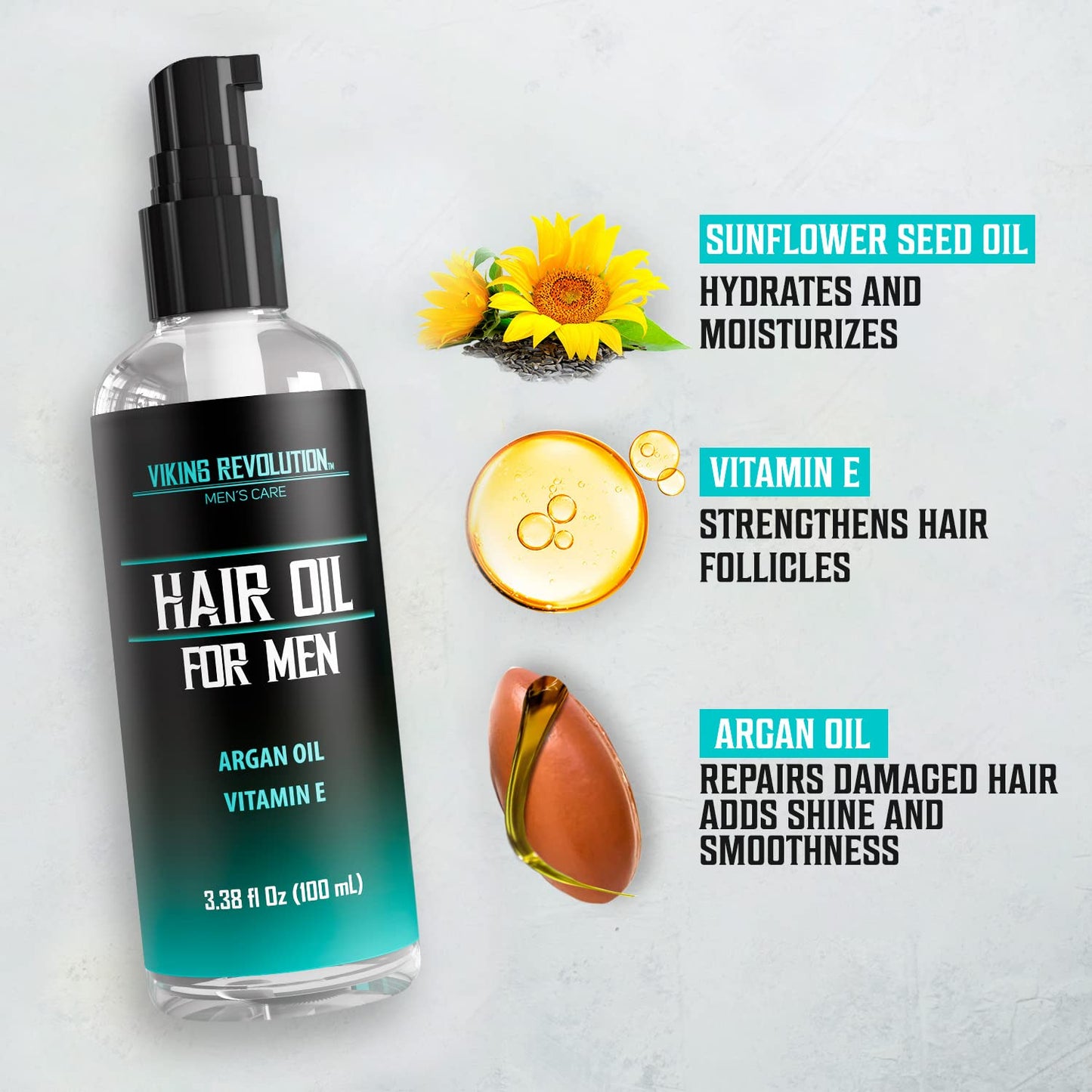 Viking Revolution Hydrating Hair Oil for Men - Mens Hair Oil Men with Vitamin E Dry Hair Oils with Argan Oil - Sunflower Seed Oil Hair Serum Repair, Hidrate Hair Treatment Oils (3.38 fl Oz)