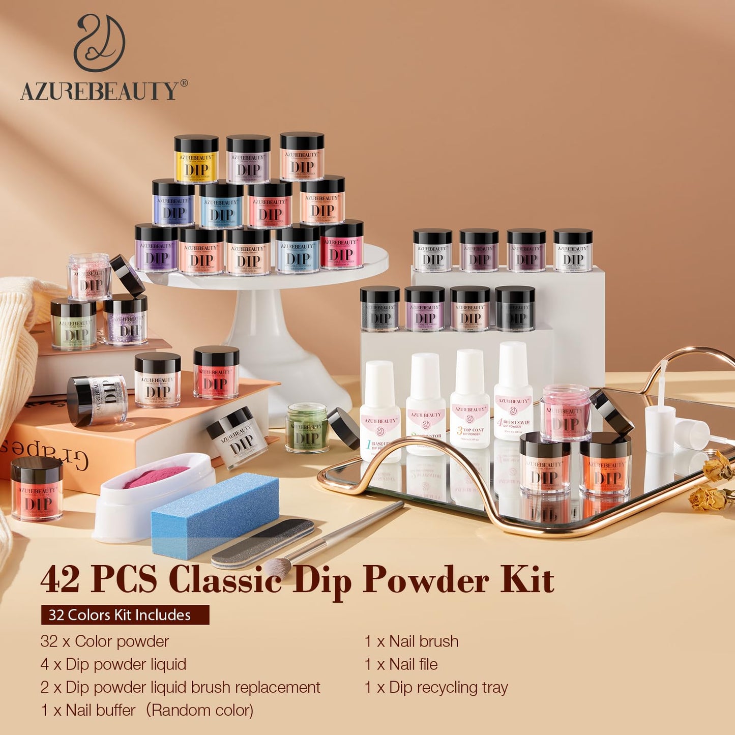 AZUREBEAUTY Dip Powder Nail Kit 32 Colors, All Season Color Series Nail Dipping Powder Starter Kit Dip System Essential Liquid and Dip Recycling Tray Set for French Nail Art Manicure Salon DIY Home