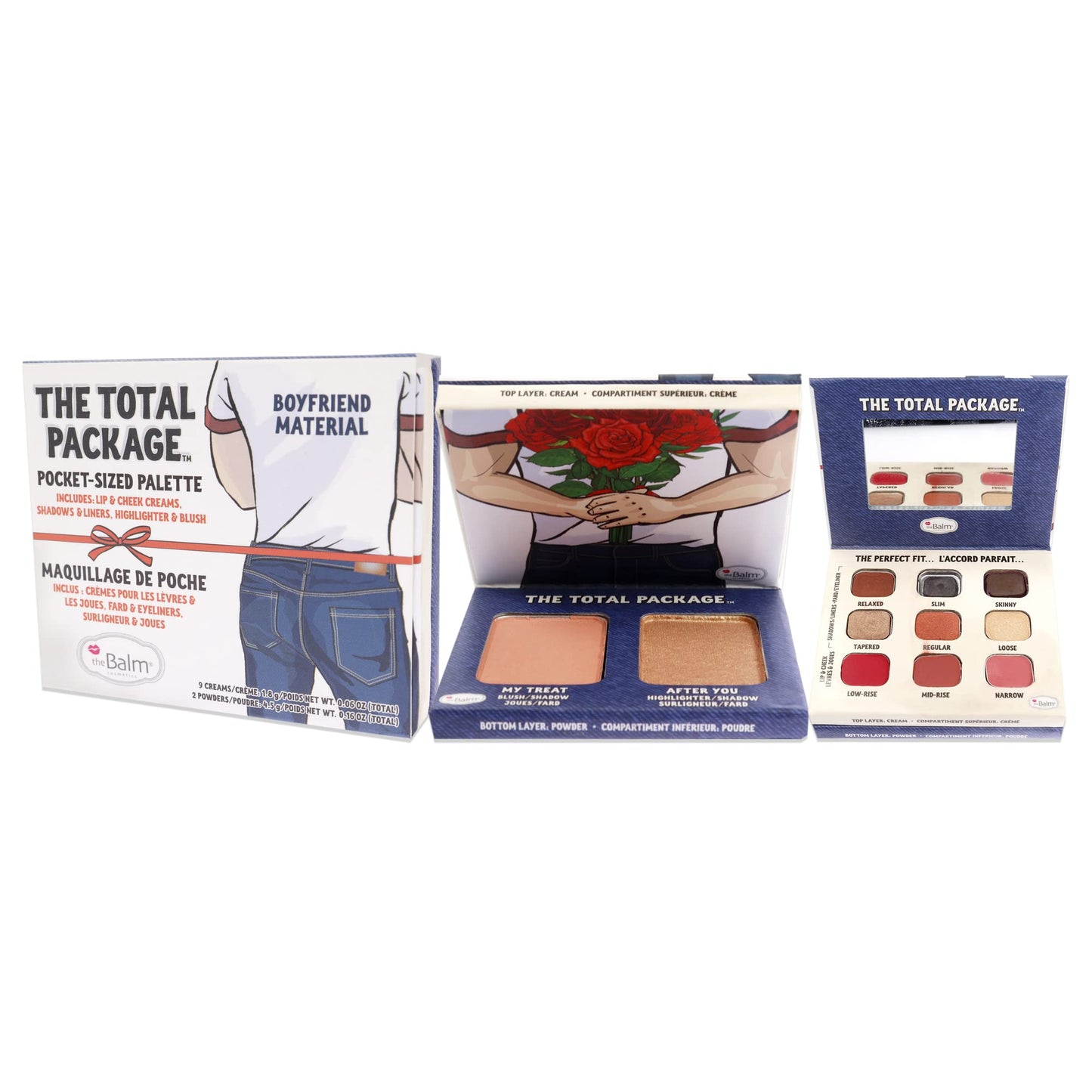 theBalm The Total Package Denim (Boyfriend Material), Highlighter Makeup Kit, Multi-tasking palette, 9 Cream Pans, 2 Powders, Multicolor, 1.6 ounces