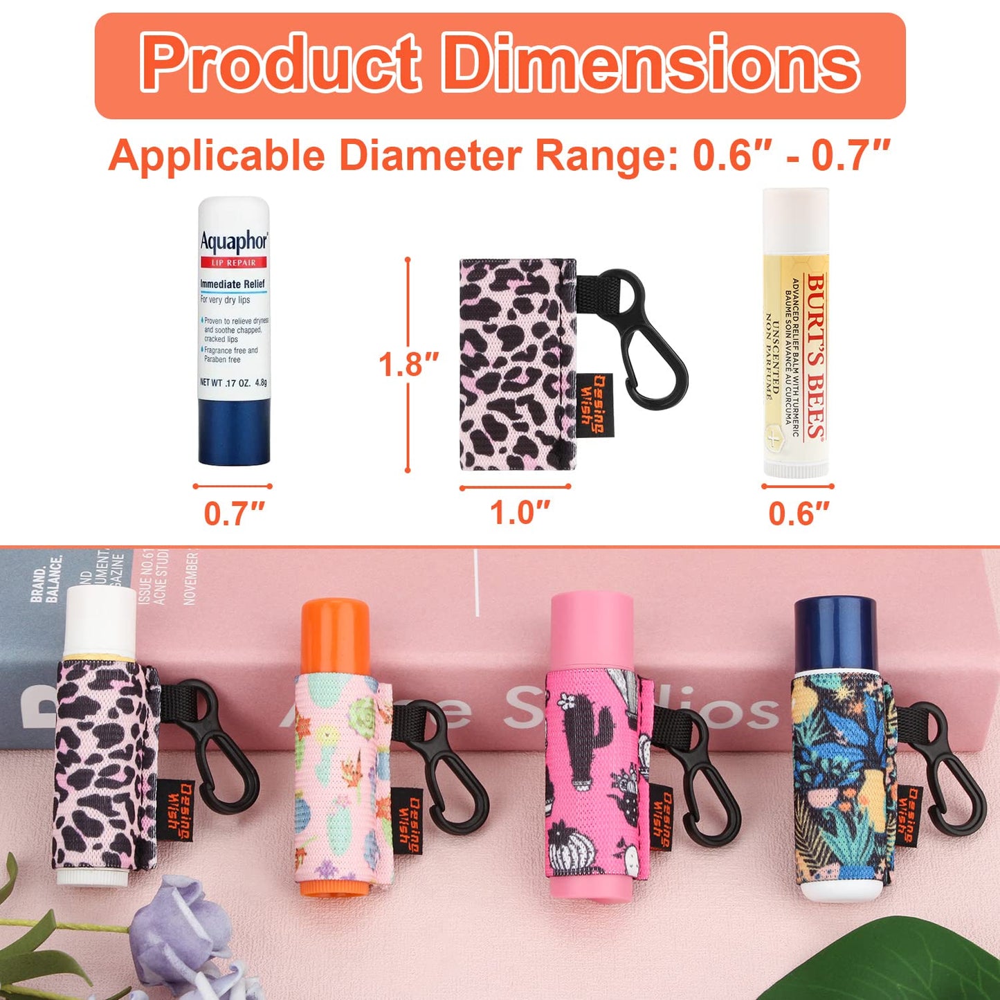 Desing Wish Lip Balm Holder Elastic Chapstick Holder Keychain Cute Pattern Lipstick Sleeves Keychain Clip On Keys/Purse/Handbag/Lanyard 4 Pack (Leopard Print/Vase/Cactus/Flower)