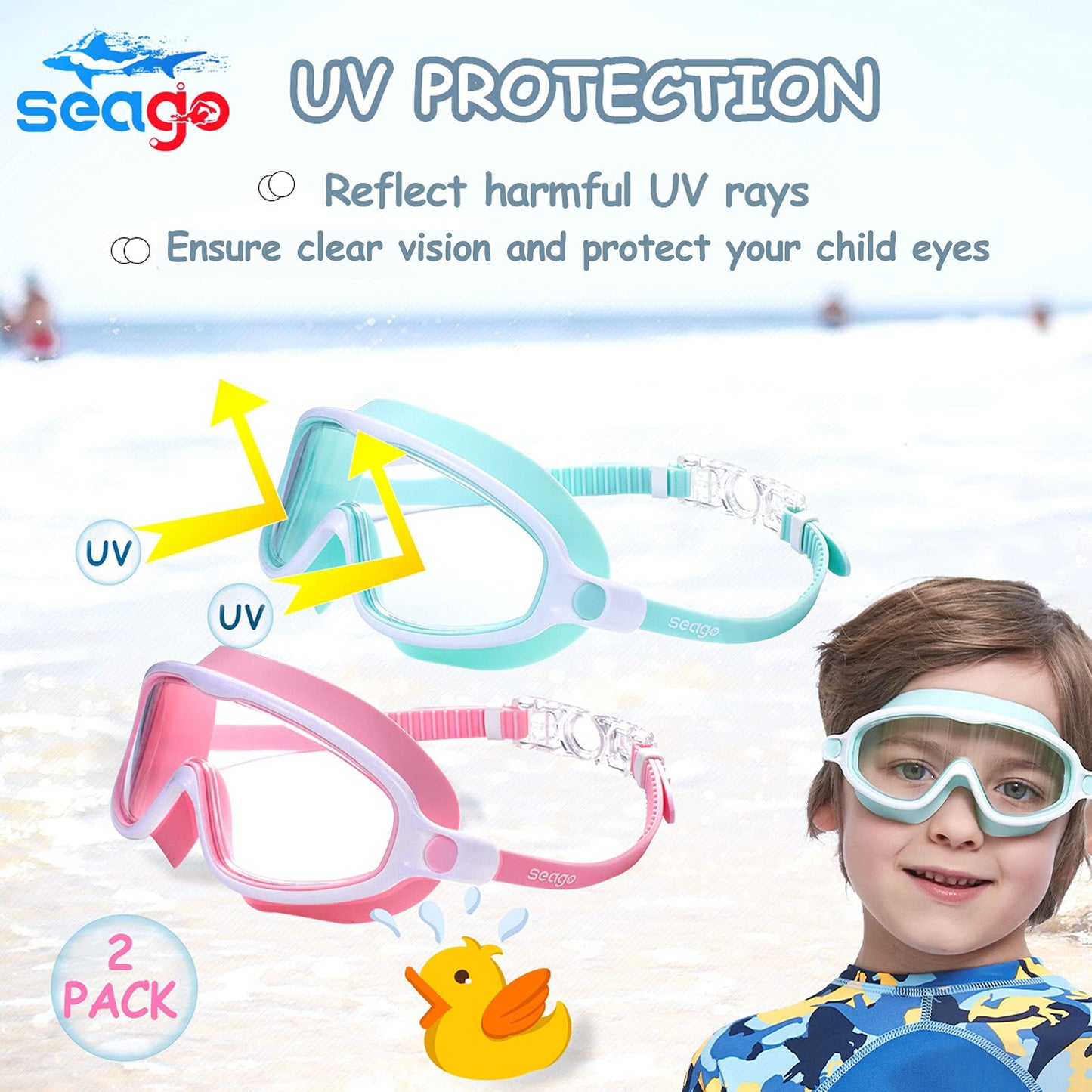 Seago Swim Goggles 2 Pack Anti-Fog Anti-UV Wide View Swimming Goggles With UV Protection|Adjustable|Anti Fog for Kids 3-15, Light Green & Pink