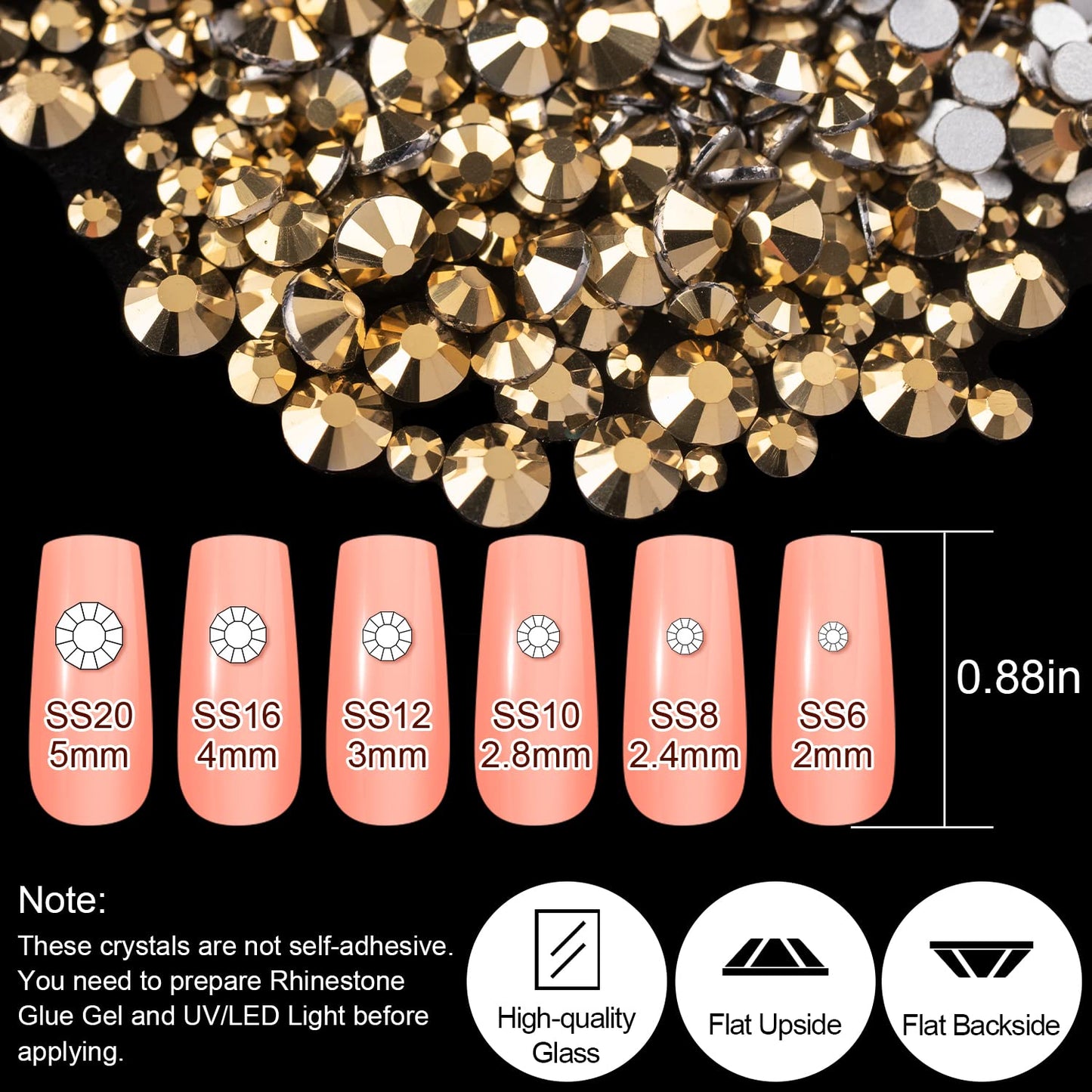 18 Styles Multi-Shaped Glass Gemstones for Nails and 6 Sizes Round Crystal Rhinestones Kit #9, Mineral Gold Nail Art Charm Bead Manicure Decoration with Pickup Pencil and Tweezer