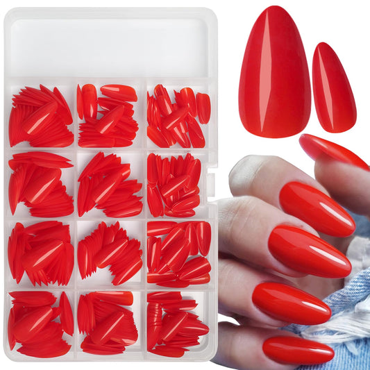 LoveOurHome 360pc Almond Press on Nails Medium Fake Nails Christmas Almond Nail Tips Full Cover Fase Nail Red Acrylic Nails Press ons Nail Almond Fingernail with Glue Adhesive Tabs for Women Girls