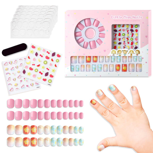 Nail Art Kit for Girls Unicorn Fruit Nail Stickers Pink Cartoon Press on Nails Kids Children Manicure Tips Colorful Novelty Designs Stick On Fake Nails