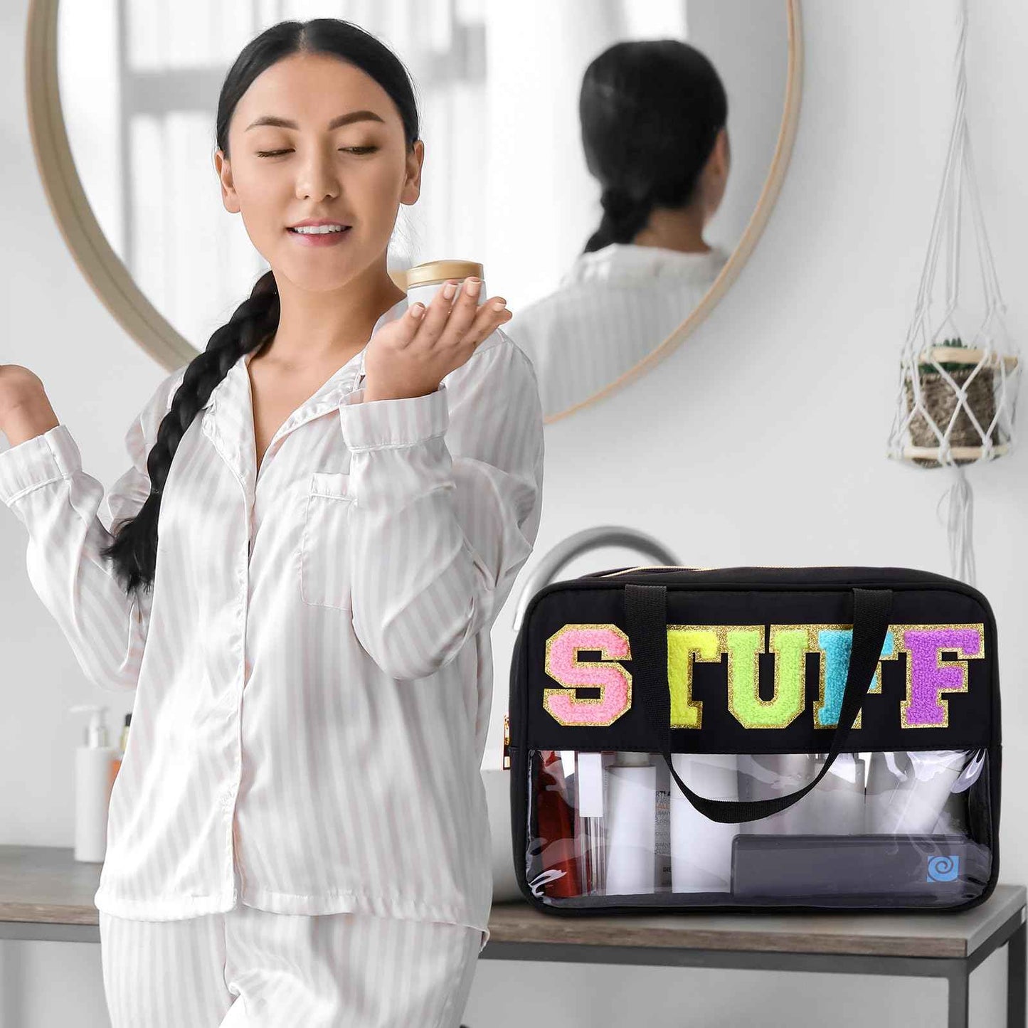 Pinkunn Large Stuff Bags with Handle Double Zippered Chenille Letter Stuff Bag Black Extra Large Clear Travel Pouch Waterproof Nylon Makeup Cosmetic Bag for Women Girls Travel Toiletry Supplies