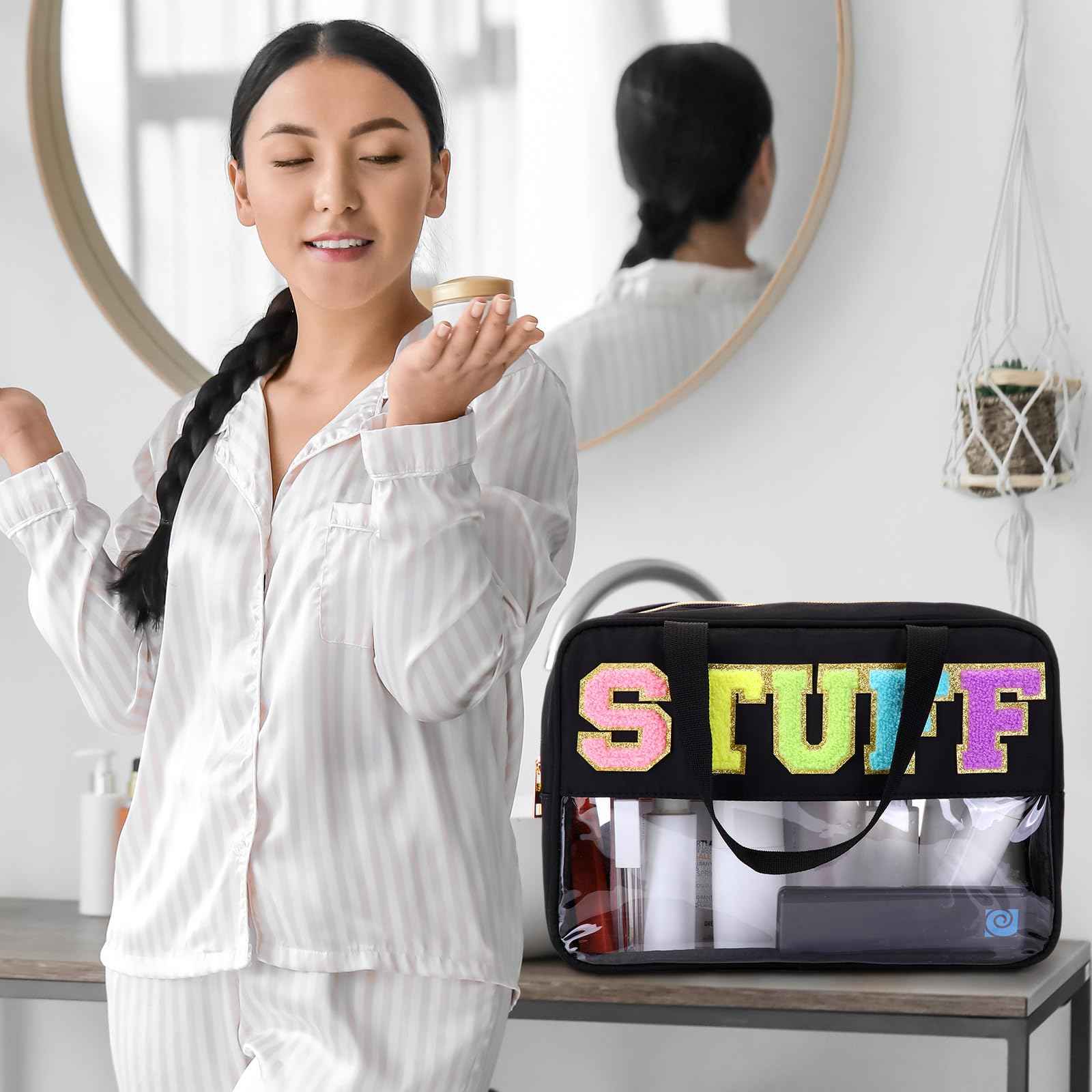 Pinkunn Large Stuff Bags with Handle Double Zippered Chenille Letter Stuff Bag Black Extra Large Clear Travel Pouch Waterproof Nylon Makeup Cosmetic Bag for Women Girls Travel Toiletry Supplies