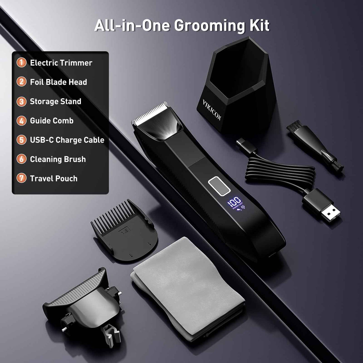 VIKICON 2-in-1 Manscape Trimmer & Shavers for Men: No-Nick Full Body Electric Razor for Pubic, Balls, Back Hair w/Dual-Head Trimmer & Foil Blades - Waterproof Groomer Kit w/Light, Travel Lock & Pouch