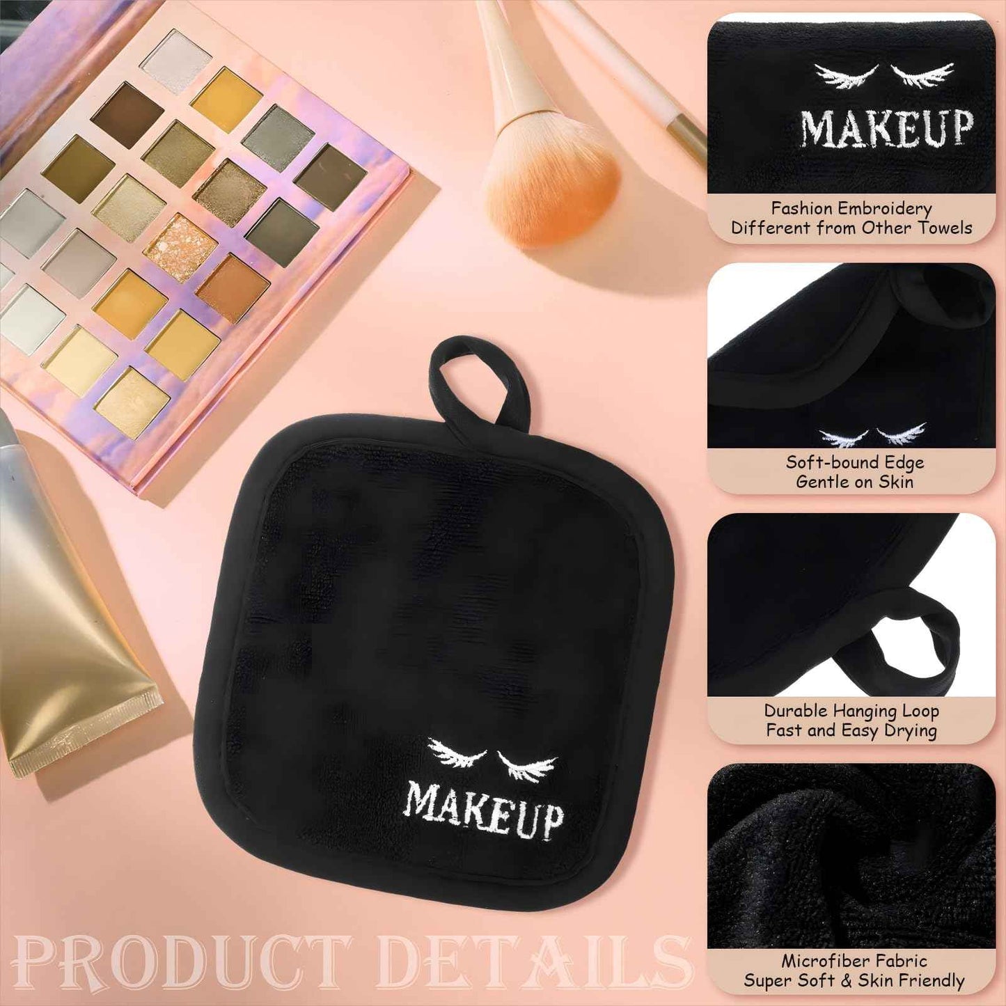 Queekay 48 Pcs Makeup Remover Cloths Reusable Washable Remover Pads Soft Microfiber Washcloths Facial Cloths Makeup Towels Holiday Gift for Women, 5 x 5 Inch(Black)