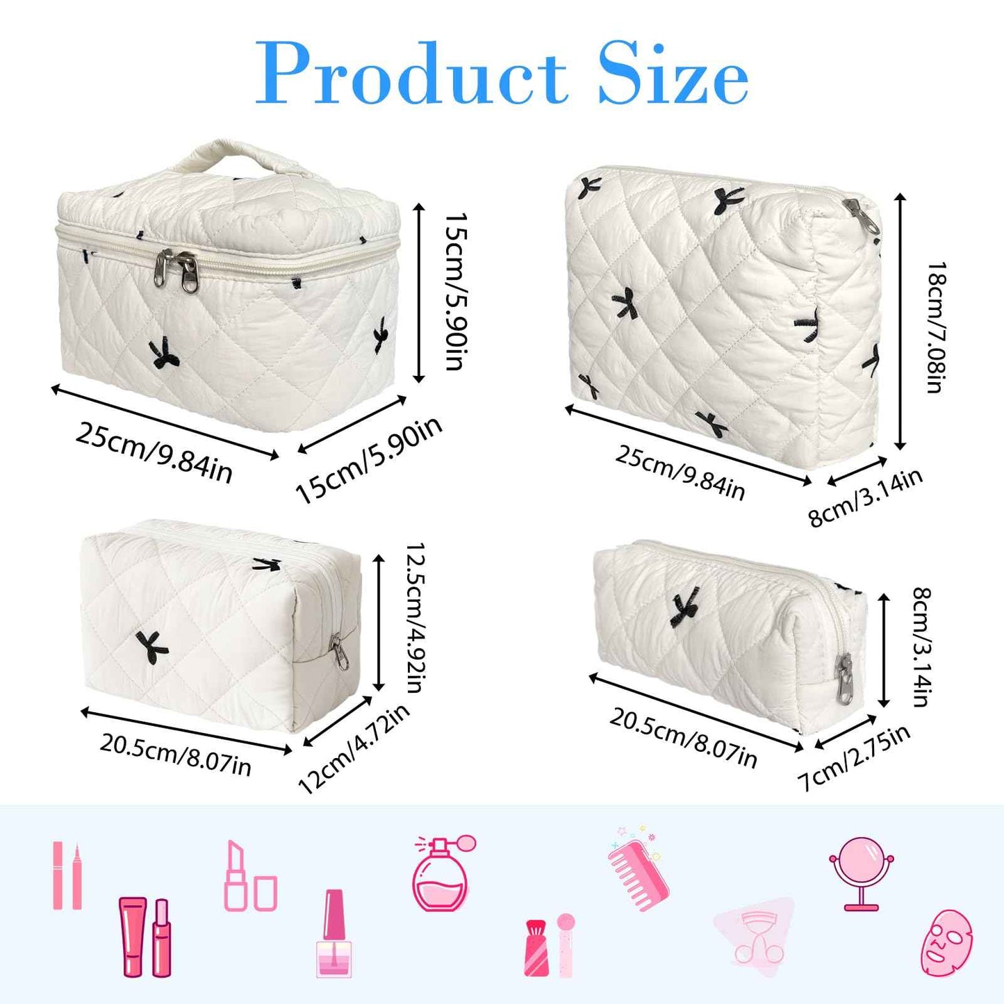 Quilted Makeup Bag, Large Capacity Travel Cosmetic Bag for Women and Girls, Aesthetic Storage for Daily and Travel Use (4pcs-embroidered Bow)