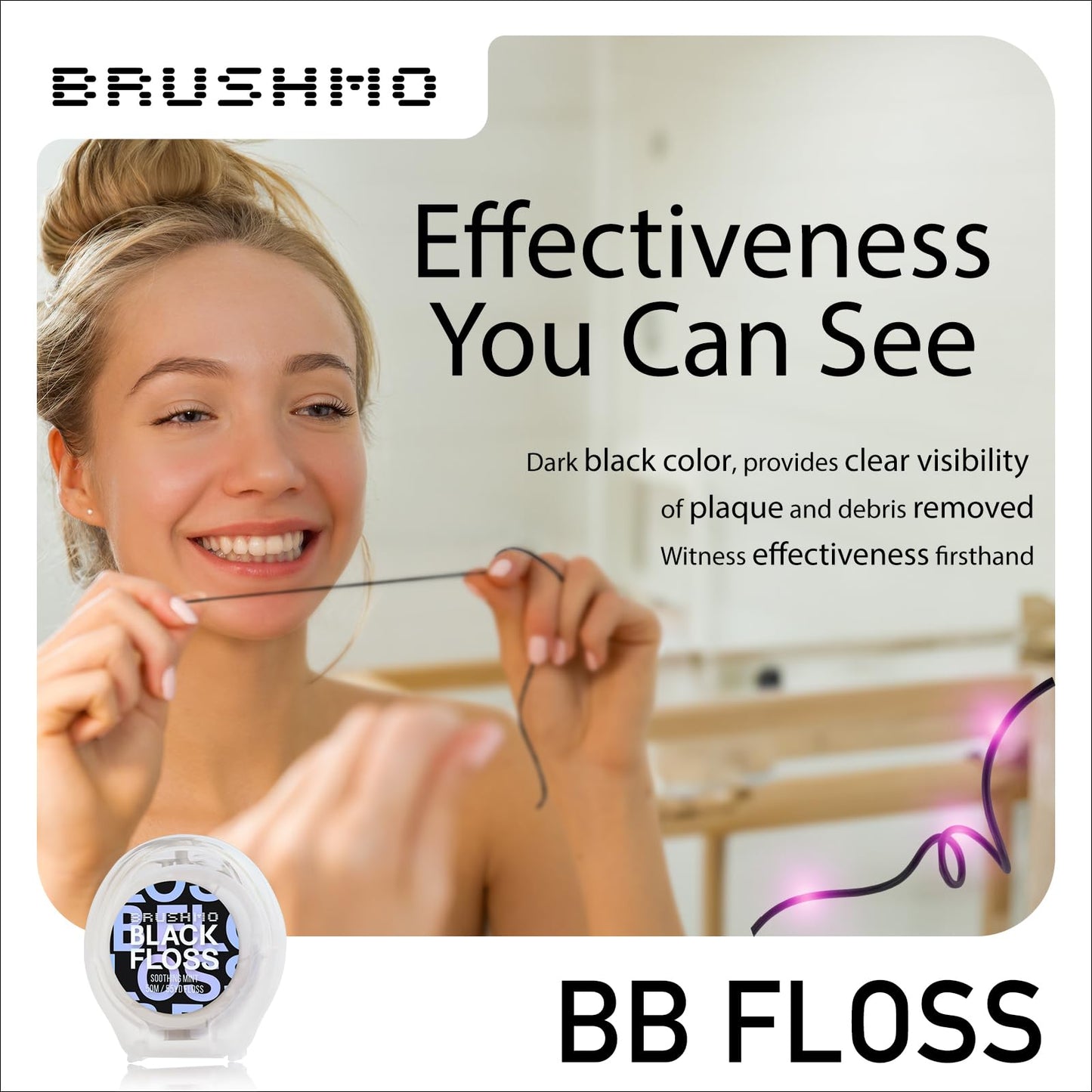 Brushmo Black Floss (BB Floss), US Dentist-Designed Oral Care, Stain-Absorbing, Woven Expanding Dental Floss with Natural Wax to Prevent Gum Disease, Non-Toxic PTFE & PFAS Free, 4 Spools (220 yd)