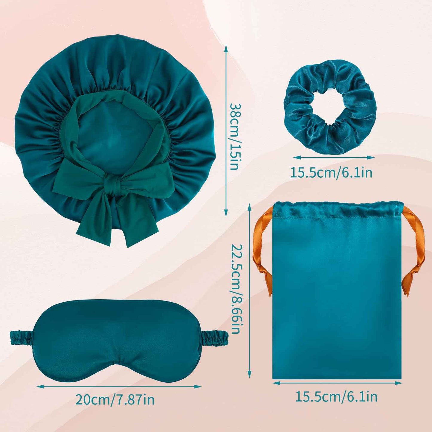 Satin Bonnet Set, Hair Bonnet for Sleeping Silk Bonnet with Eye Mask for Women Curly Hair, Peacock Blue
