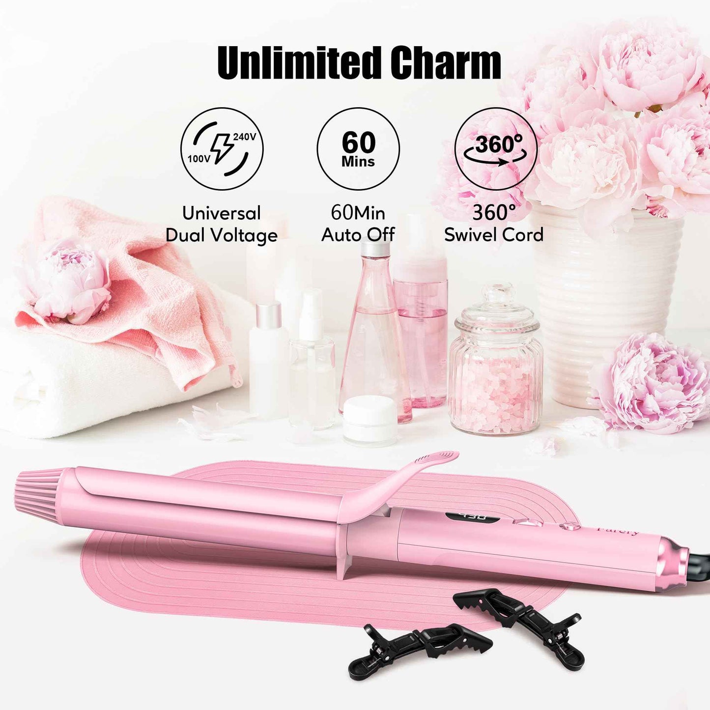 FARERY Long Barrel Curling Iron 1 1/4 inch, 1.25 Inch Curling Iron for Thin Hair, Infused Argan Oil & Keratin, 11 Adjustable Temp, Include Clips & Silicone Pad, Pink