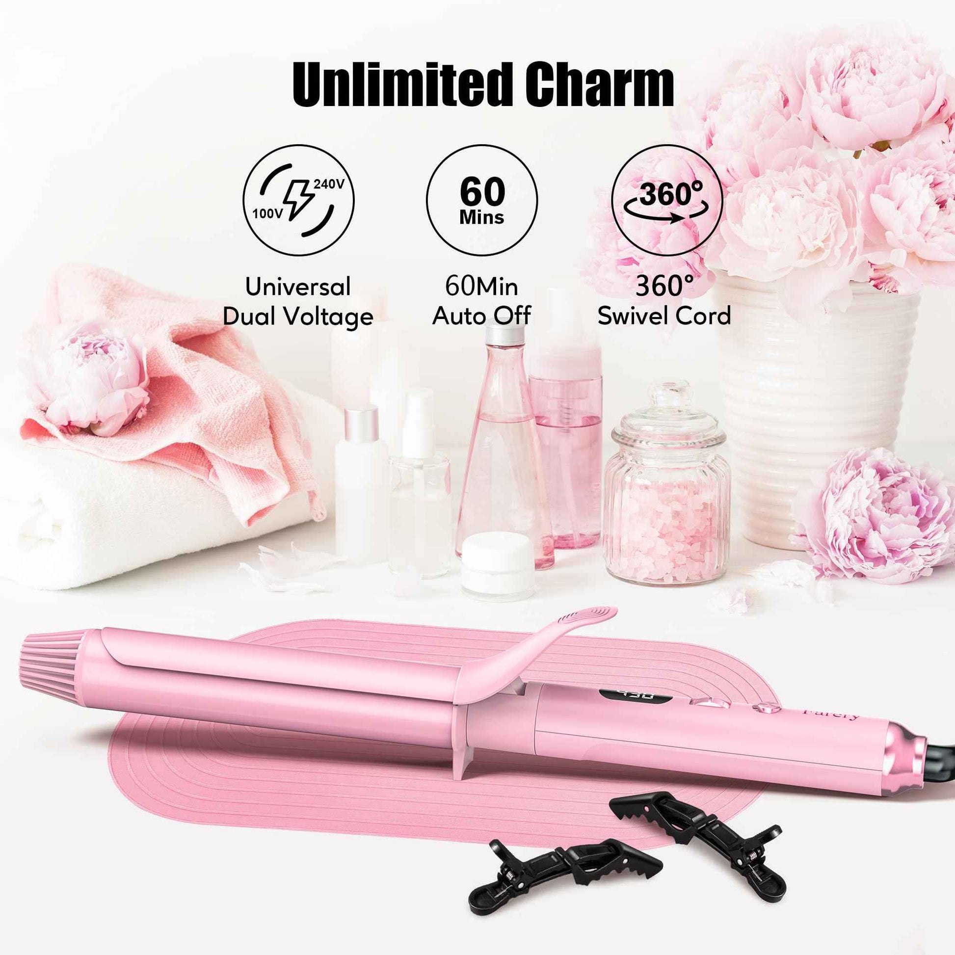 FARERY Long Barrel Curling Iron 1 1/4 inch, 1.25 Inch Curling Iron for Thin Hair, Infused Argan Oil & Keratin, 11 Adjustable Temp, Include Clips & Silicone Pad, Pink