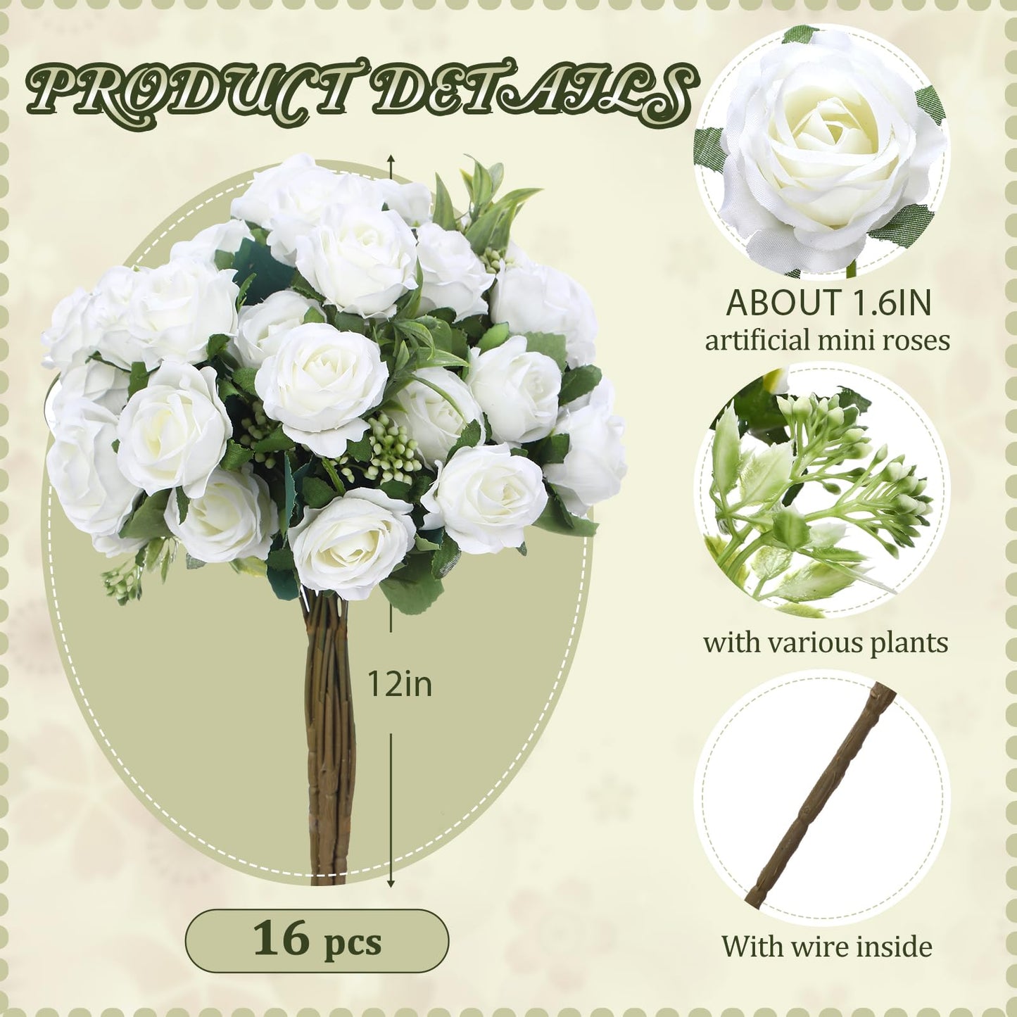 Zeyune 16 Bunches 12 in Artificial Mini Rose Bouquet 160 Heads Bridal Flower Bouquets Silk Roses Fake Roses Bulk for Home Office Garden Parties Wedding Christmas Decoration(White)