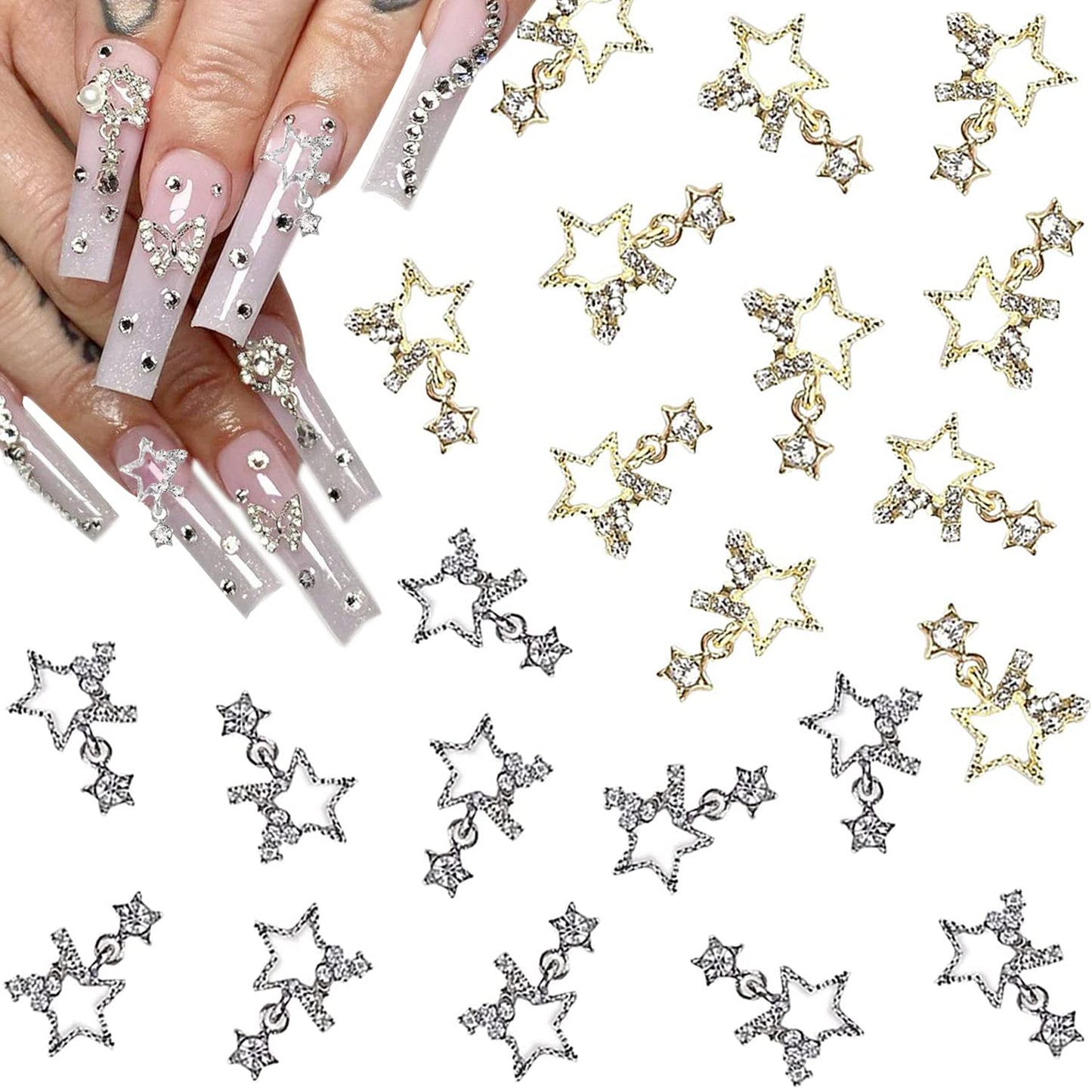 16 Pcs Shiny Star Nail Charms Rhinestones 3D Alloy Star Charms for Nails Gold Silver Nail Jewelry Acrylic Nails Design Star Shape Nail Gems Crystal Nail Art Rhinestones Accessories DIY Craft Supplies