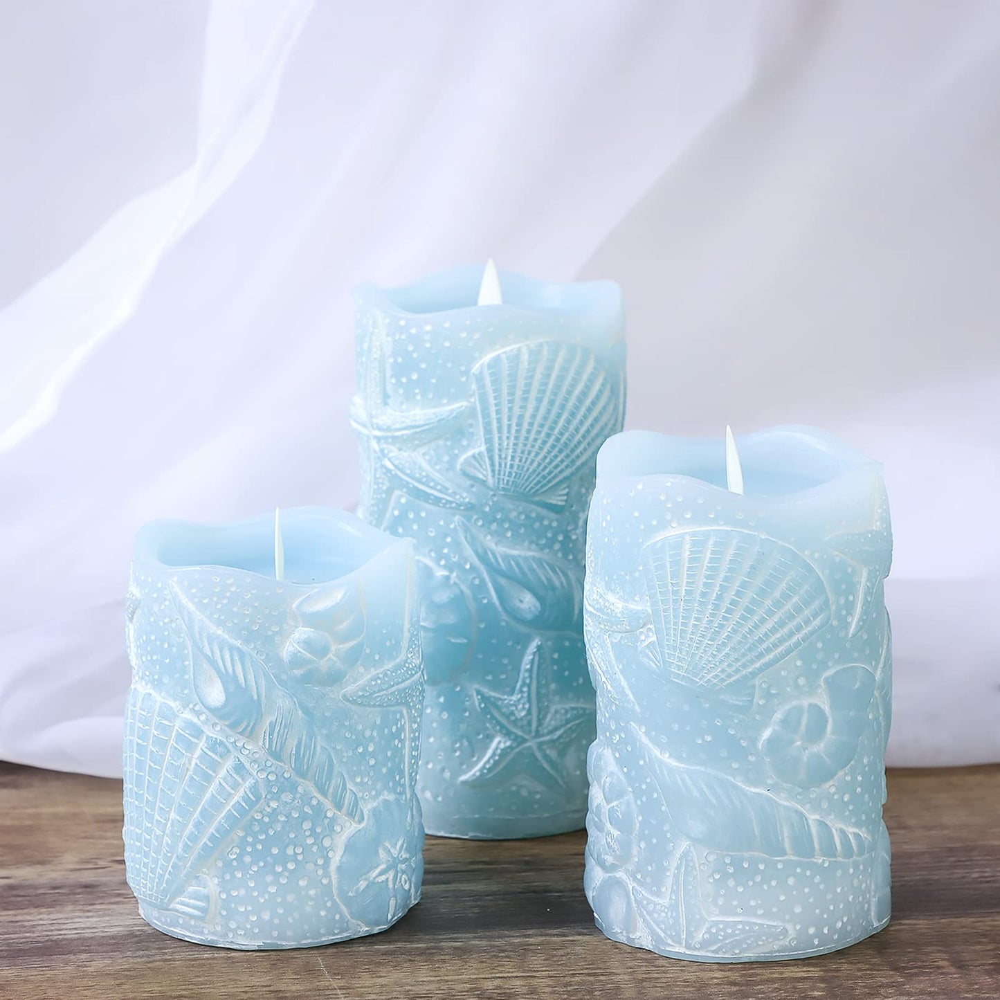 Silverstro Ocean Flameless Candles Remote Carved Seashell Real Wax Flicker Battery Operated Candles for Home Party Wedding Nautical Thanksgiving Christmas Decor - Set of 3(Blue)