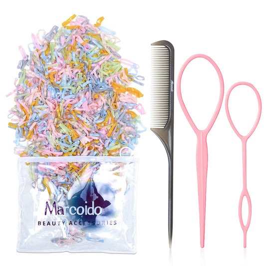 Marcoido Hair Rubber Bands, 1000pcs Mix Color, Eco-friendly Hair Elastics with Hair Loop Styling Tool Set, for Girls Teenager Women (Doughnut)