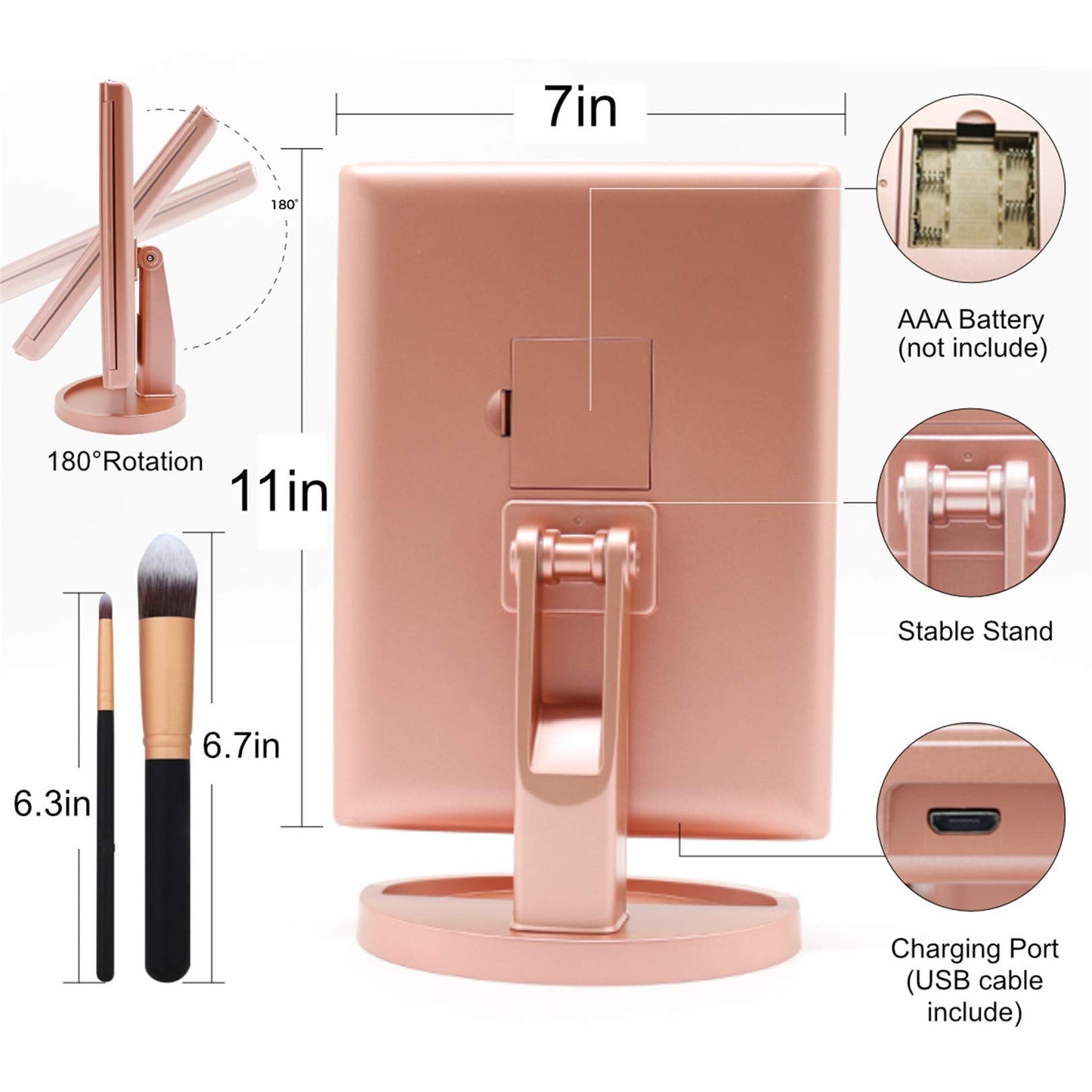 FASCINATE Lighted Makeup Mirror, Trifold Vanity Mirror with 21 LED Lights and 2X/3X Magnification, Touch Screen Dimming, Dual Power, 90° Rotation Light Up Mirror (Rose Gold+Brush)