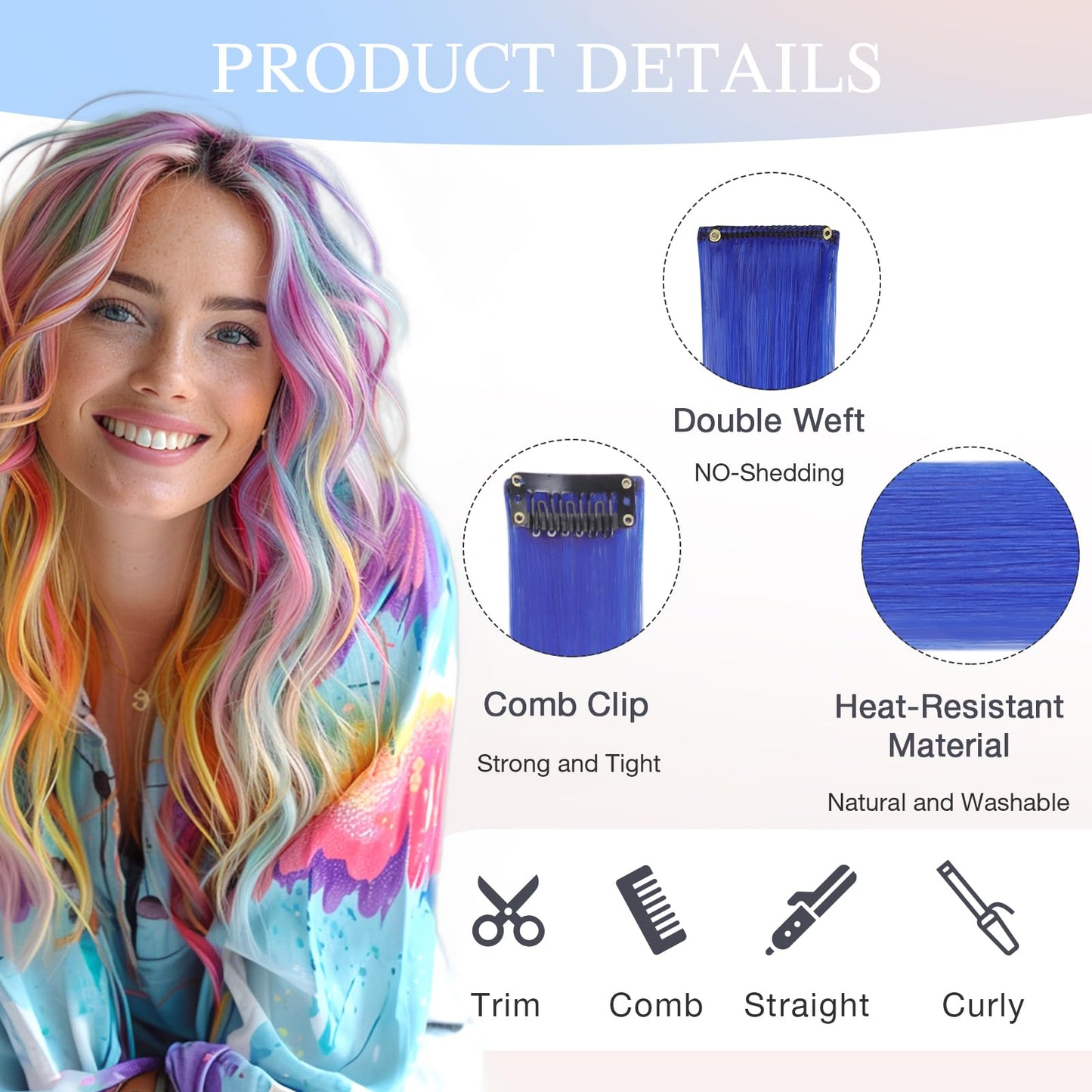 DOORES 22 Inch Colored Clip in Hair Extensions, 12 Pcs Blue Colored Hair Extensions Party Highlights Gift Scene Hair Extensions Birthday Gifts for Girls Synthetic Hairpiece Straight (Blue)