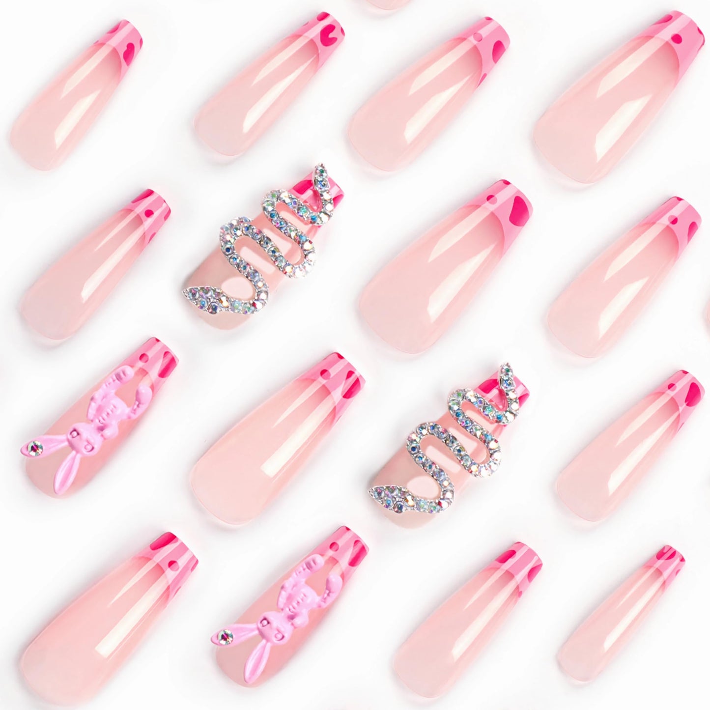 BABALAL French Tip Press on Nails Long Coffin Fake Nails Pink Cow Print Glue on Nails 3d Metallic Snake Rabbit Charm Cute Y2k Acrylic Nails 24Pcs Ballerina Manicure Easter Nails for Women and Girls