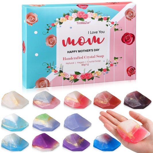 Loopeer 12 Pieces Gemstone Soap with Fragrance Organic Oil Rocks Decorative Hand Soap Bars Bathroom Soap for Bath Face Body Women Men Birthday Christmas Gift Moisturizes, 12 Scent(Mother's Day Style)