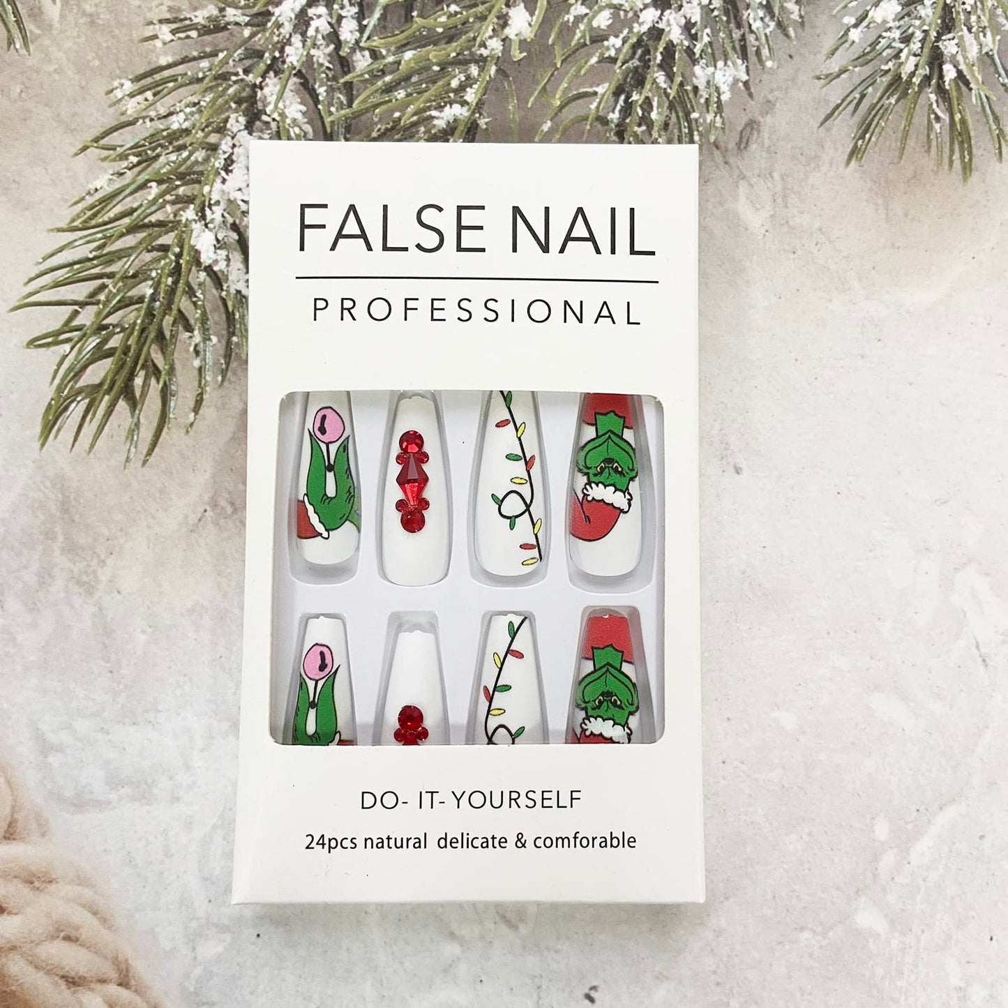 Christmas Press on Nails Coffin Fake Nails with Red Rhinestones Design Full Cover False Nails Matte Artificial Nails Cute Cartoon Pattern String Lights Xmas Stick on Nails for Women and Girls Manicure