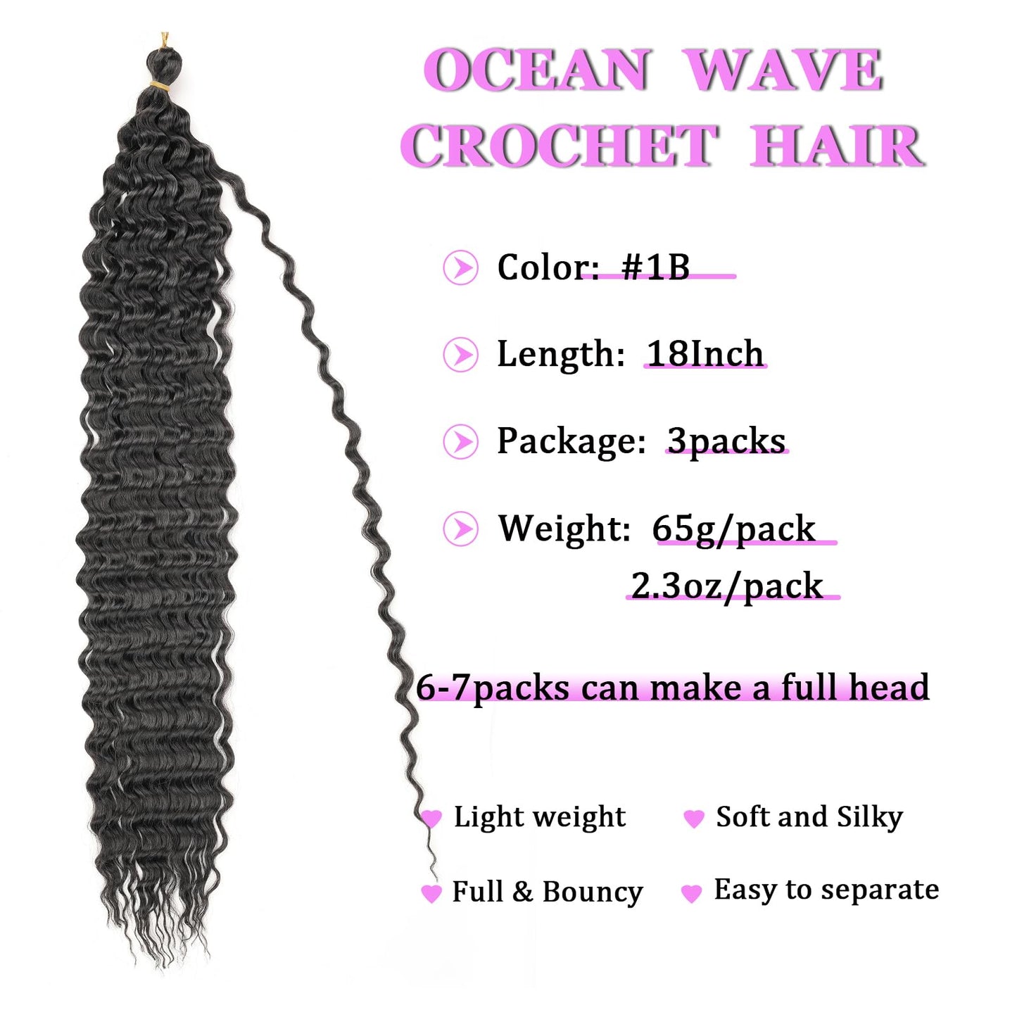 ZRQ Deep Wave Crochet Hair Natural Black 18 Inch 3 Packs Ocean Wave Curly Braiding Hair for Boho Braids Synthetic Curly Crochet Hair For Women #1B