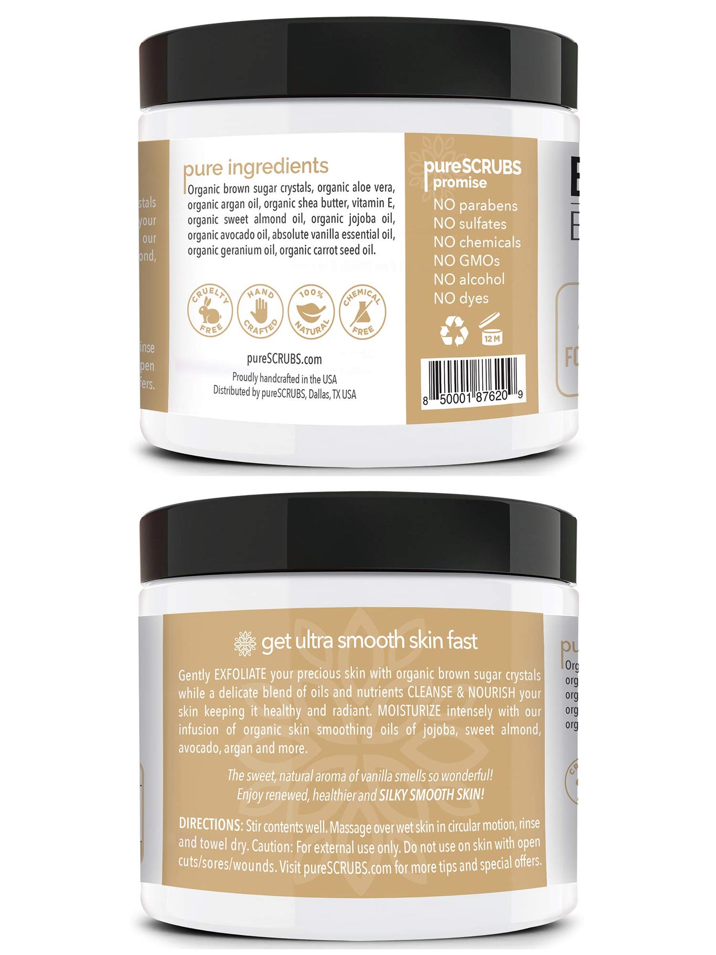 pureSCRUBS Premium Organic Brown Sugar VANILLA FACE & BODY SCRUB Set - Large 16oz, Infused With Organic Essential Oils, Glycolic Acid & INCLUDES Wooden Spoon, Loofah & Mini Exfoliating Bar Soap