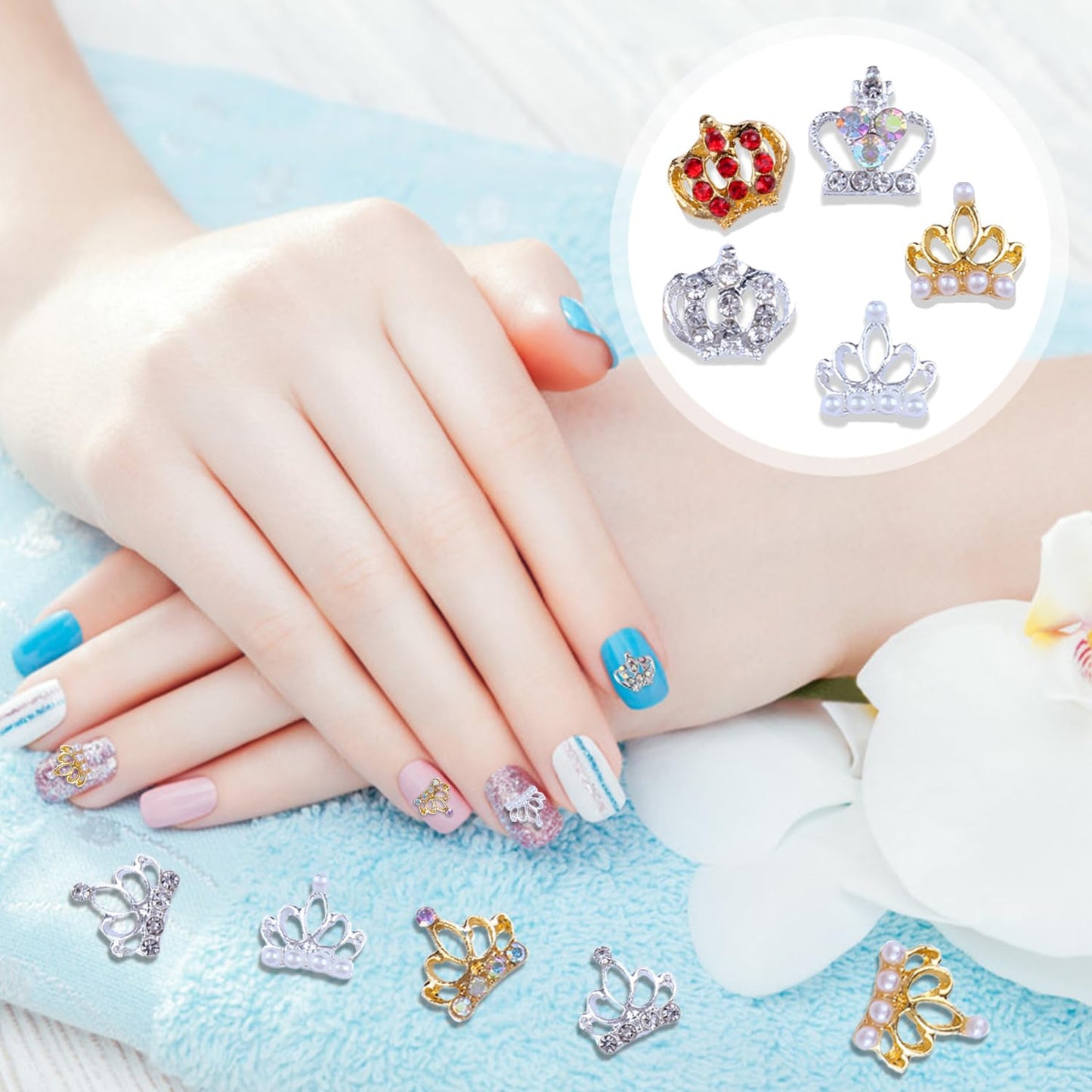 DANNEASY 34pcs 3D Crown Nail Charms Flat-back Crown Rhinestone for Nails Gold Silver Nail Jewels Crystal Charms for Nails Alloy Nail Studs Rivet Nail Art Decoration