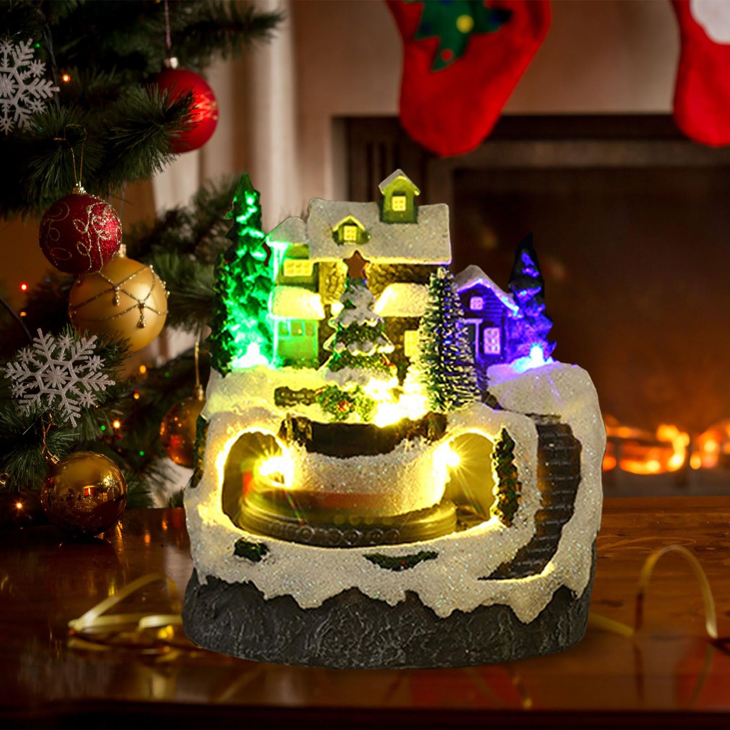 Christmas Village House Made of Resin, Christmas Snow House Electric Musical Light Up House with Spinning Train & 8 Music & LED Light for Christmas Decorations Indoor (Christmas Tree)