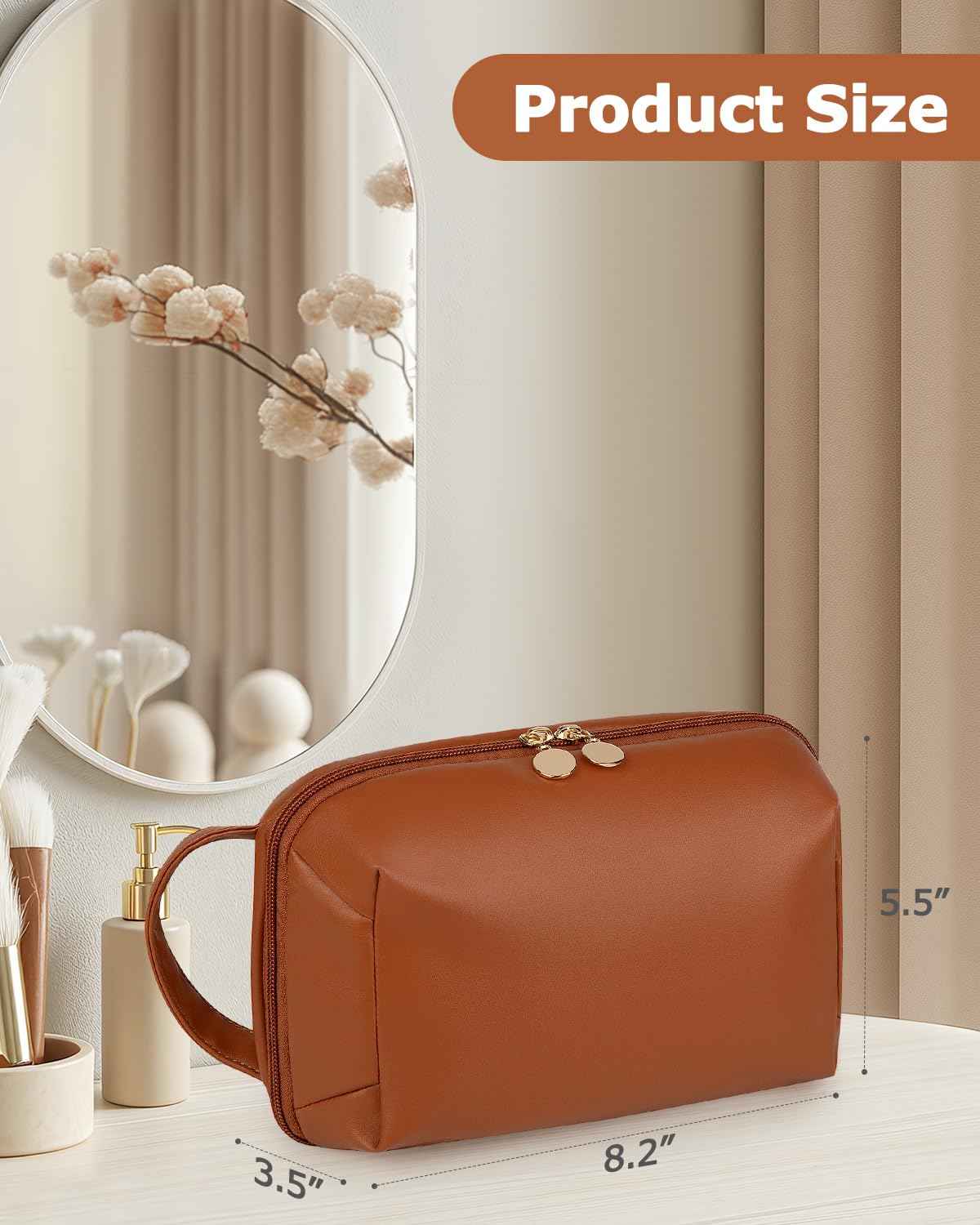 Soimeat Travel Makeup Bag Gift for Women, Soft PU Leather Cosmetic Bags, Waterproof Toiletry Bag, Portable Wide Open Pouch, Travel Cosmetic Bag with Divider and Handle, Medium, Brown