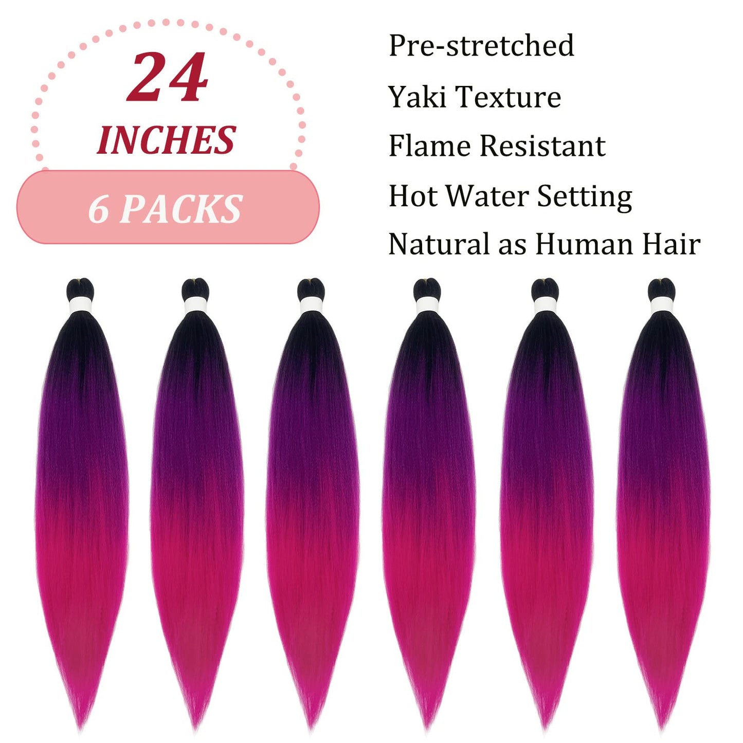 UPruyo Colored Purple Pink Ombre Braiding Hair Extensions for Braids Kanekalon Prestretched Pre Stretched Braiding Hair Ombre Fake Synthetic Hair for Braiding (24 In 6 Packs)