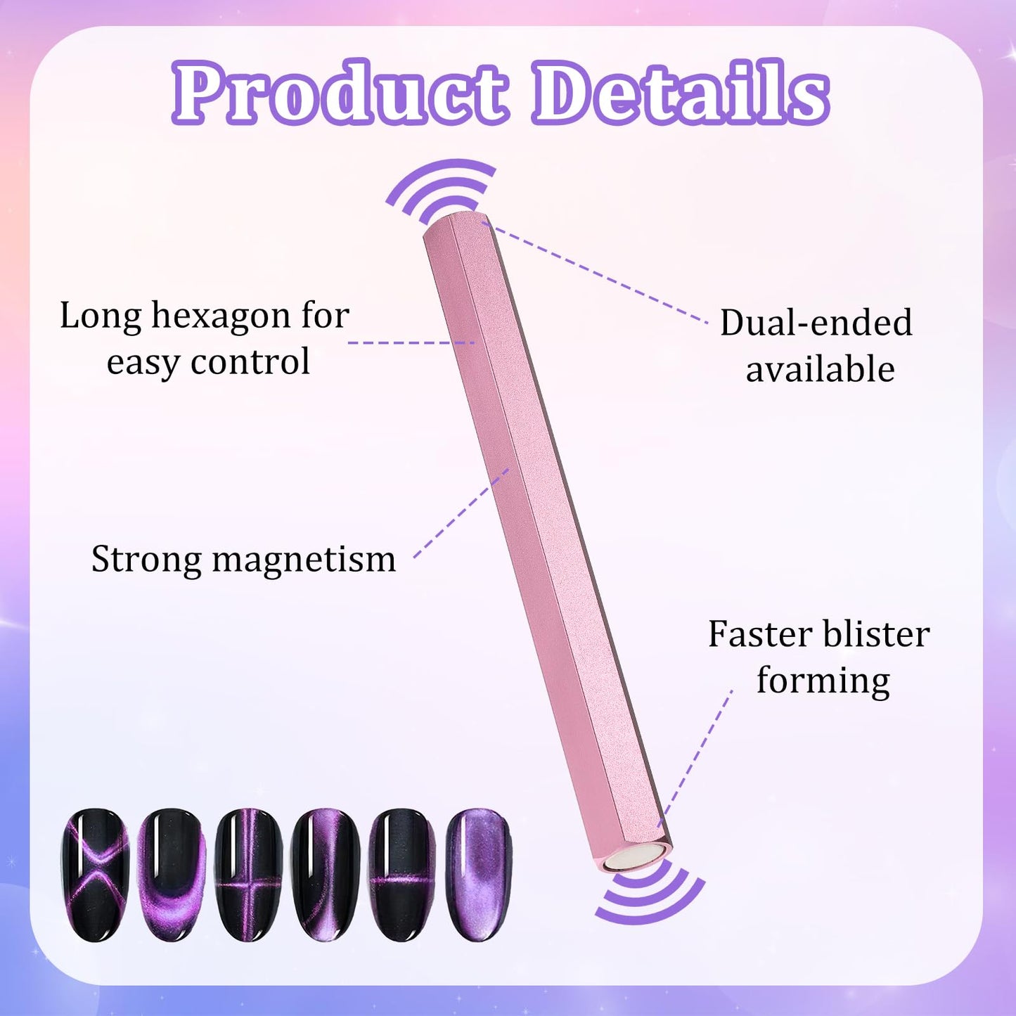 AOZUO 3 Pcs Cat Eye Magnet Tool, Double-Head Nail Magnetic Pen Hexagonal Magnet Stick 3D Gel Polish Nail Art Wand for Nail Art Salon Studio DIY Design Manicure Accessories Tool(Pink)