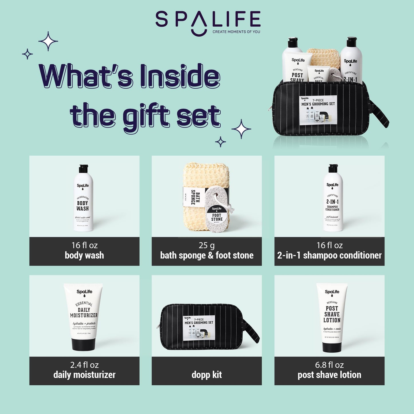 SpaLife 7-Piece Bath and Body Men Grooming Gift Set - 2-in-1 Shampoo & Conditioner, Body Wash, Daily Moisturizer, Post-Shave Lotion, Bath Sponge & Foot Stone for Luxurious At-Home Spa