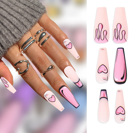 Comic Coffin Nail Pink Pop Art Press on Cartoon French Tips New Trend Love Design Stick on False Nails 24 pcs Flame Decals Set