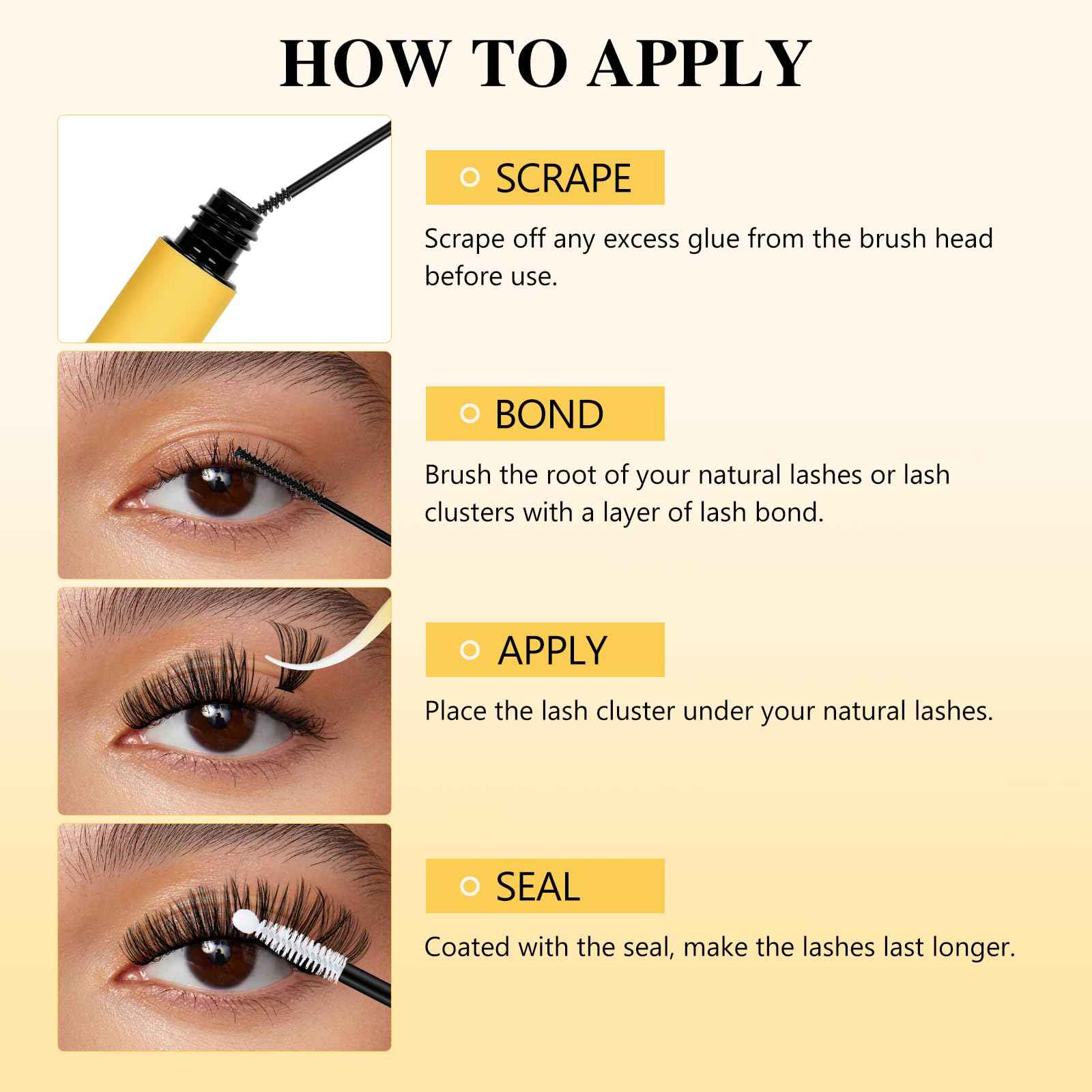 QUEWEL Lash Bond and Seal Lash Glue for Eyelash Clusters,12ml Super Strong Hold Lash Cluster Glue Bond and Seal Waterproof for DIY Lash Extensions Easy to Use at Home (6ml Black Bond+6ml Clear Seal)