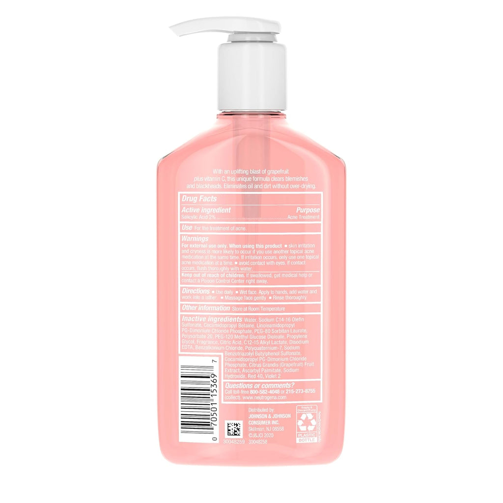 Neutrogena Oil-Free Salicylic Acid Pink Grapefruit Pore Cleansing Acne Wash and Facial Cleanser with Vitamin C, 9.1 fl. oz