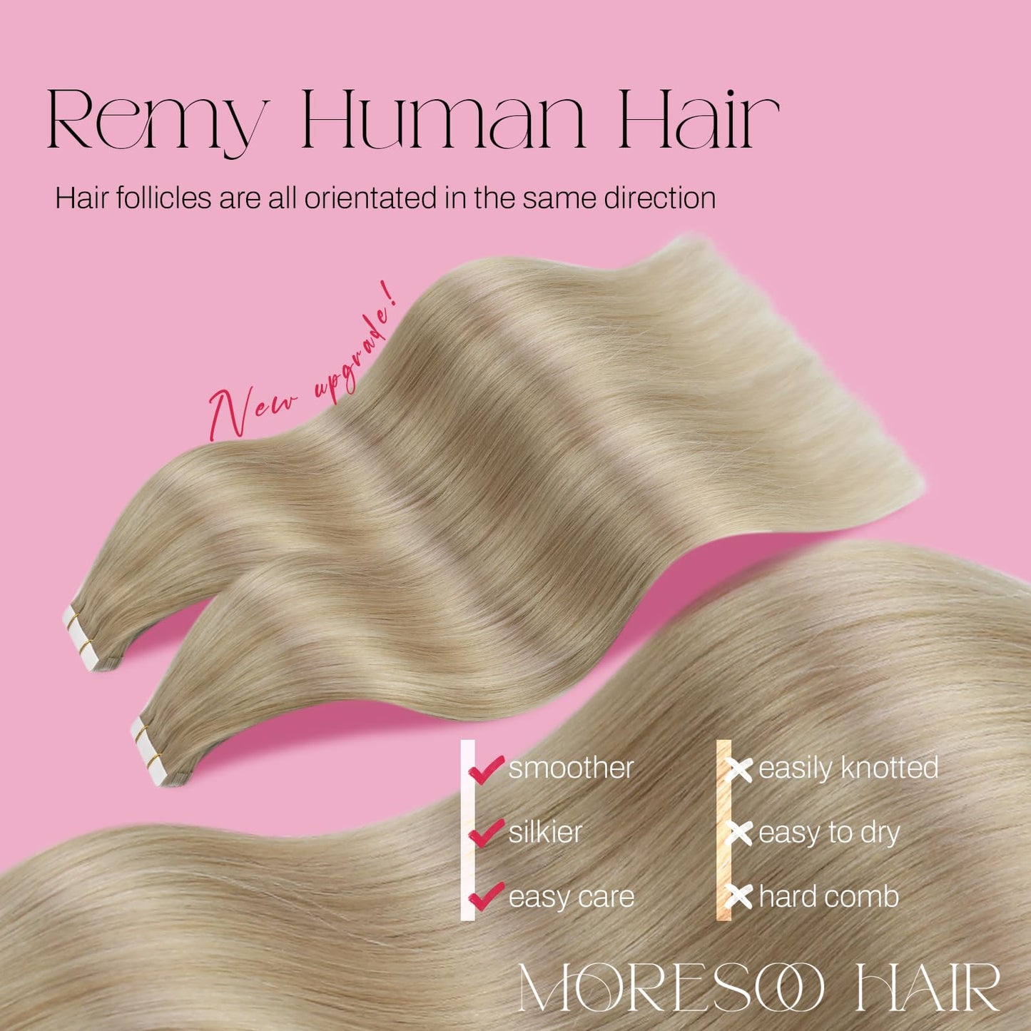 Moresoo Tape in Hair Extensions Human Hair Blonde Highlighted Hair Extensions Tape in Ash Blonde Highlighted with Bleach Blonde Hair Extensions Real Human Hair Tape in 18 Inch #P18/613 20pcs 50g