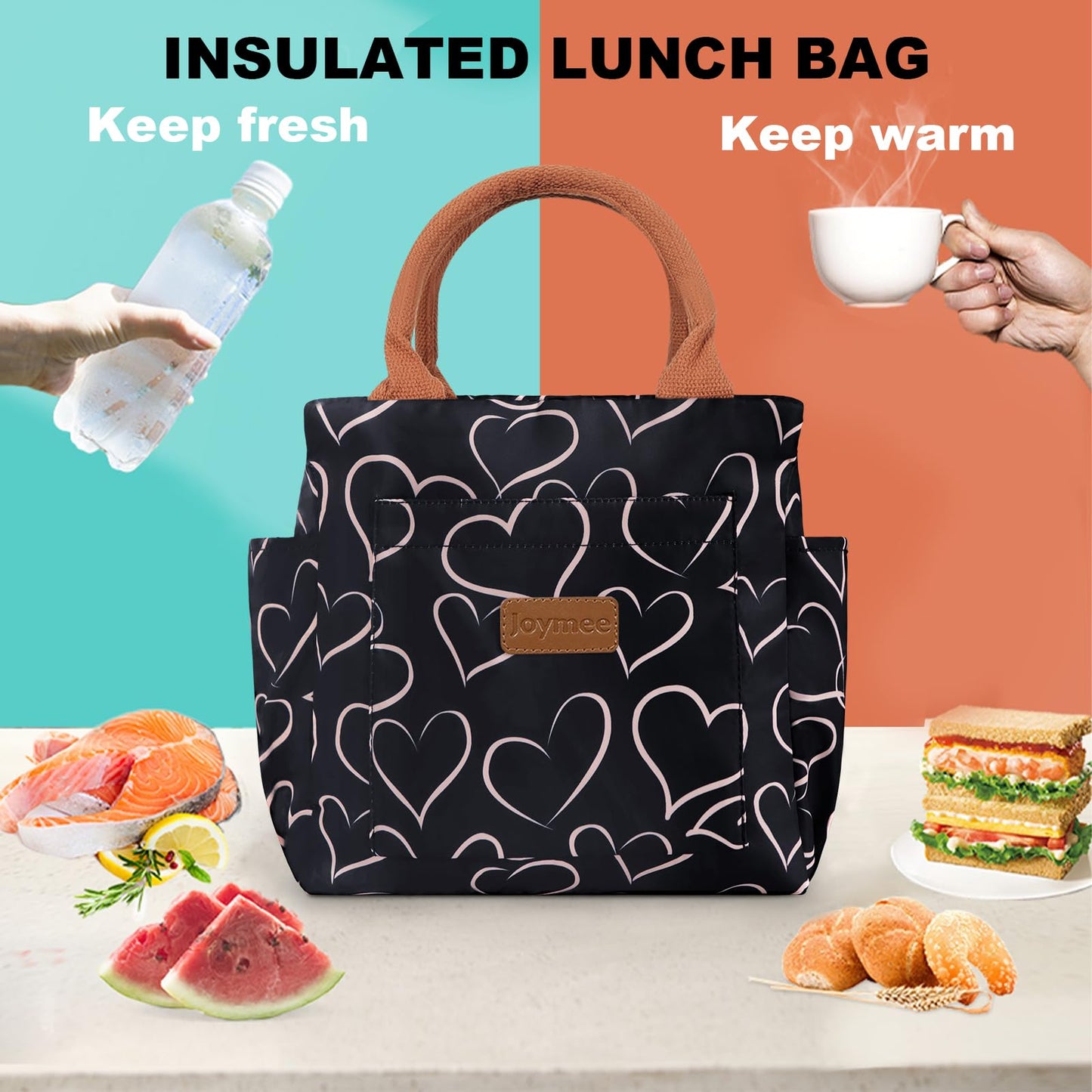 Joymee Lunch Bag Women Insulated Lunch Box Reusable Leakproof Large Spacious Cooler Tote for Women Men Adult with Bottle Holder and Side Pockets for Work Office Travel Picnic - Love Heart